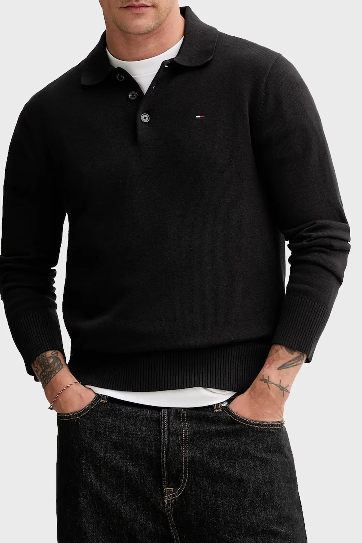 Tommy Jeans % 100 Pamuk Regular Fit Düğmeli Erkek Polo Yaka Kazak DM0DM20304 BDS SİYAH - 1
