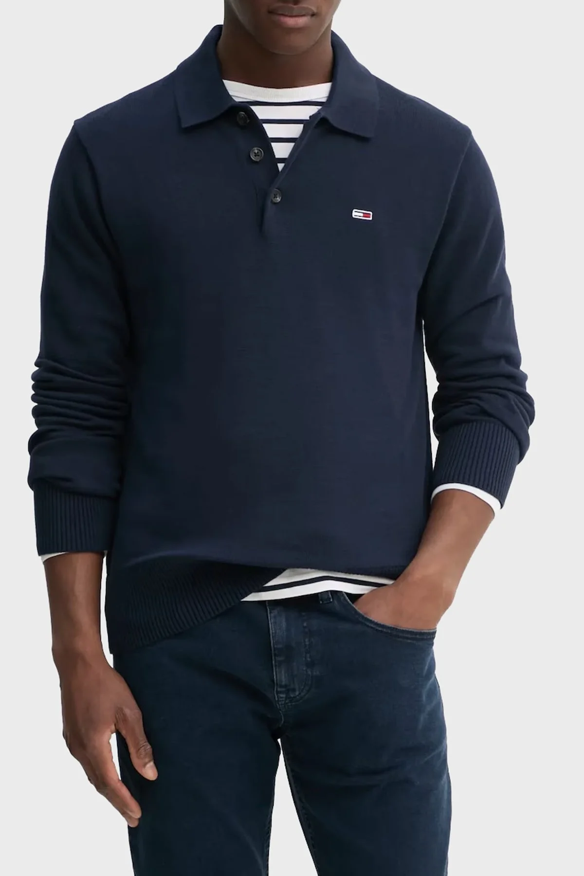 Tommy Jeans % 100 Pamuk Regular Fit Düğmeli Erkek Polo Yaka Kazak DM0DM20304 C1G LACİVERT - 1