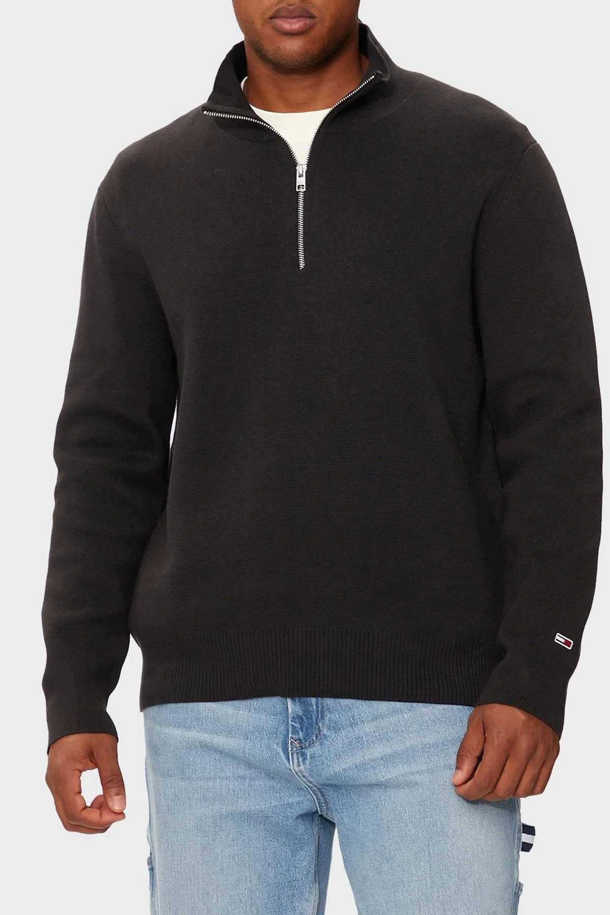 Tommy Jeans % 100 Pamuk Regular Fit Yarım Fermuarlı Dik Yaka Erkek Kazak DM0DM20596 BDS SİYAH - 5