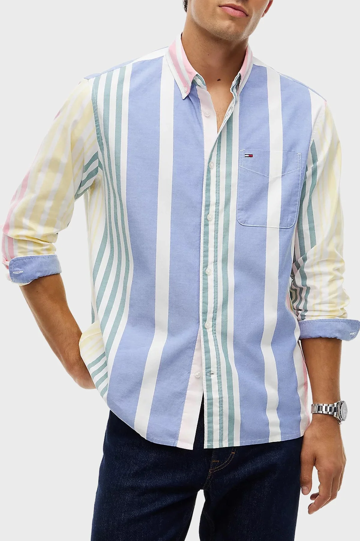 Tommy Jeans %100 Pamuk Relaxed Fit Çizgili Erkek Gömlek DM0DM23246 YBL Beyaz - 1