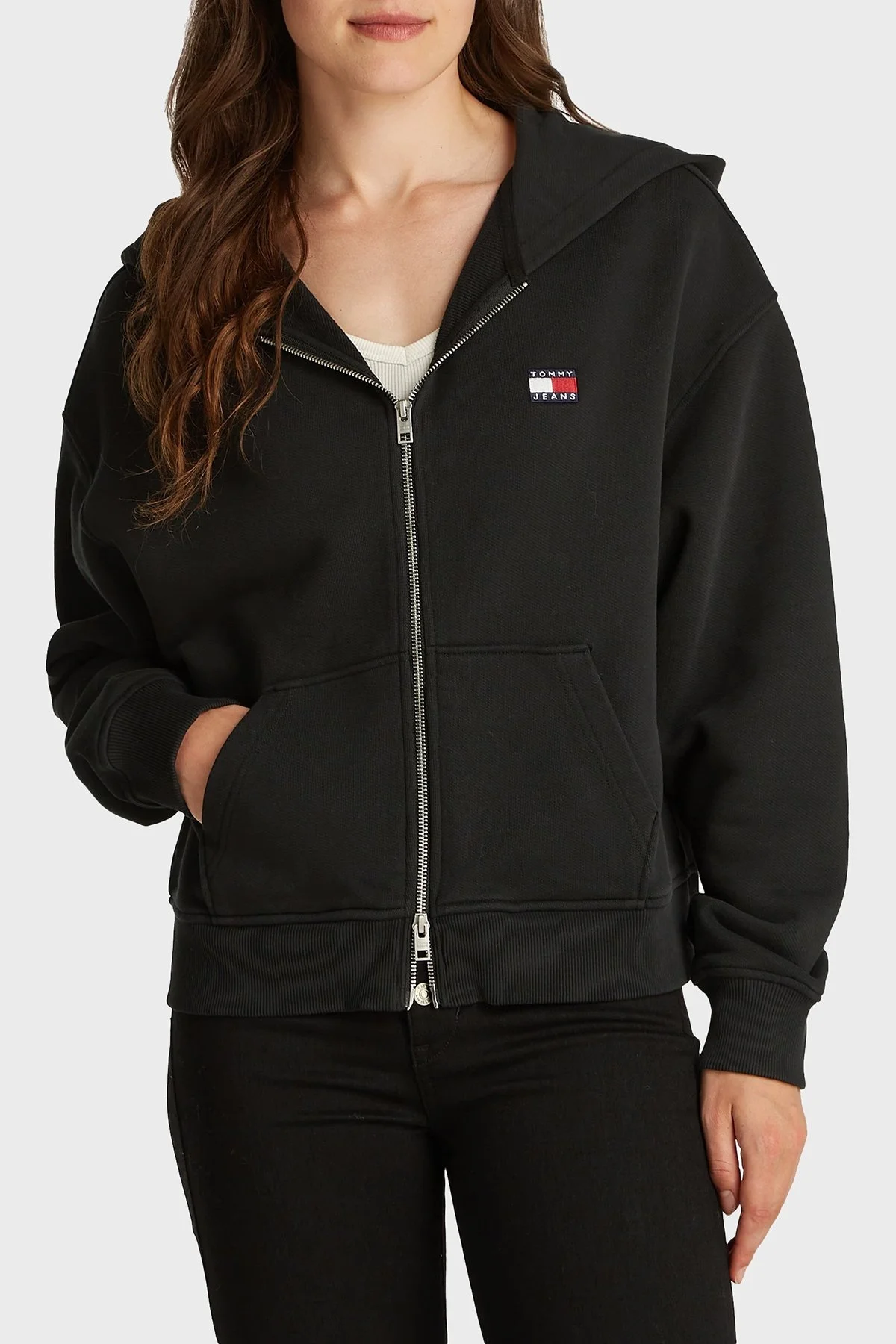 Tommy Jeans % 100 Pamuk Relaxed Fit Kapüşonlu Bayan Sweat DW0DW19412 BDS SİYAH - 1