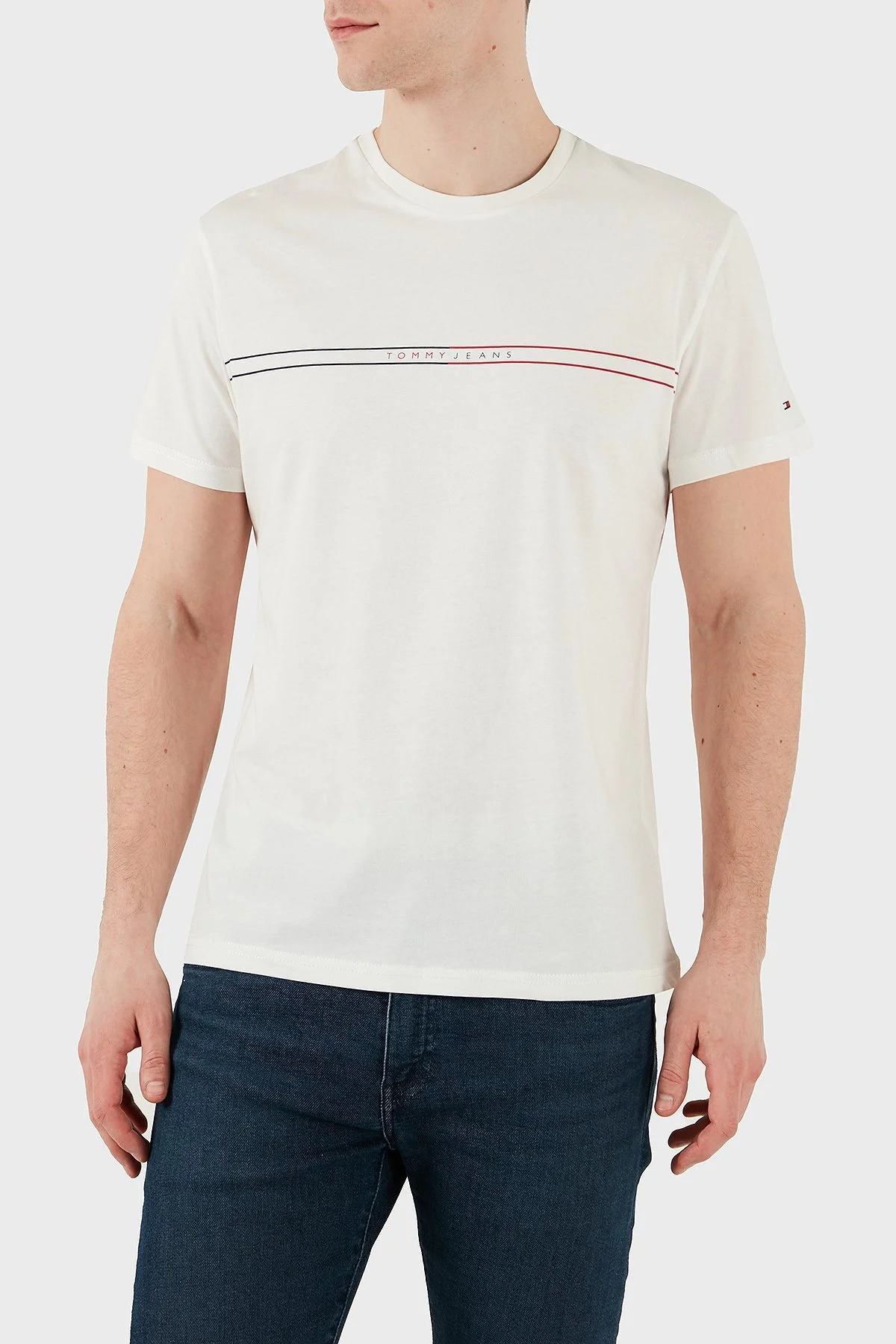 Tommy Jeans % 100 Pamuk Slim Fit Bisiklet Yaka Logolu Erkek T Shirt DM0DM20779 YBL BEYAZ - 1