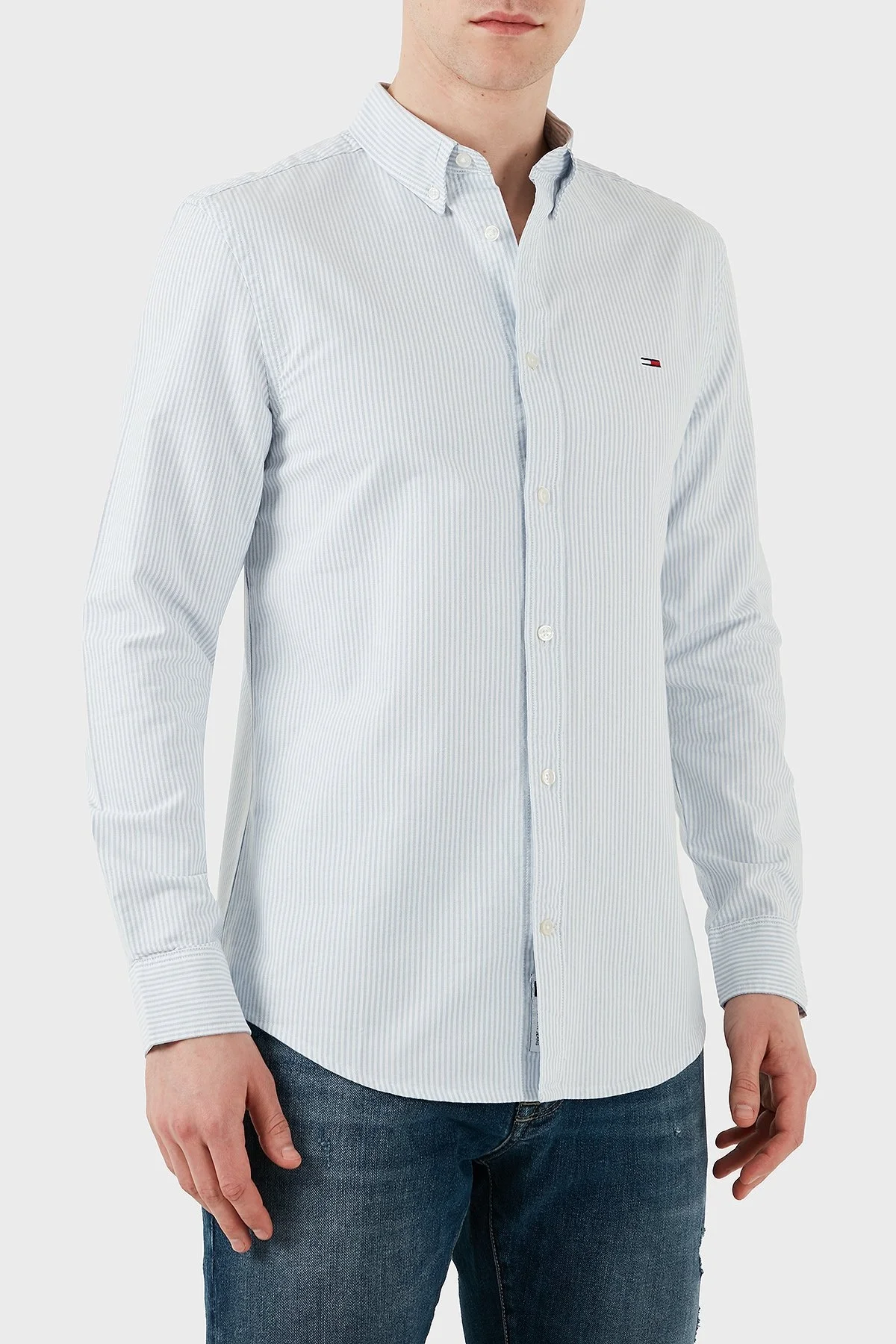 Tommy Jeans % 100 Pamuk Slim Fit Çizgili Erkek Gömlek DM0DM20668 0A8 MAVİ - 2