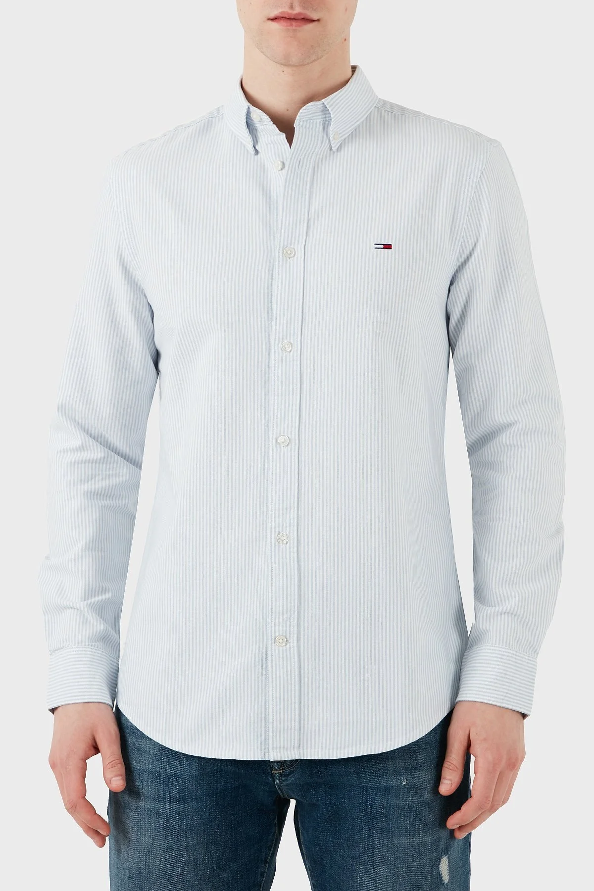 Tommy Jeans % 100 Pamuk Slim Fit Çizgili Erkek Gömlek DM0DM20668 0A8 MAVİ - 4