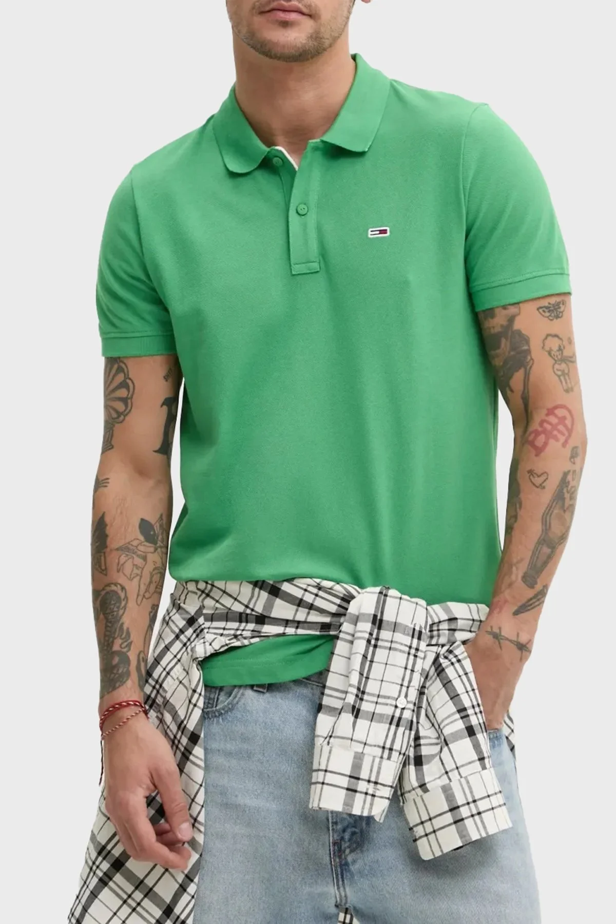 Tommy Jeans % 100 Pamuk Slim Fit Düğmeli Erkek Polo Yaka T Shirt DM0DM20676 LY3 YEŞİL-MAVİ - 1