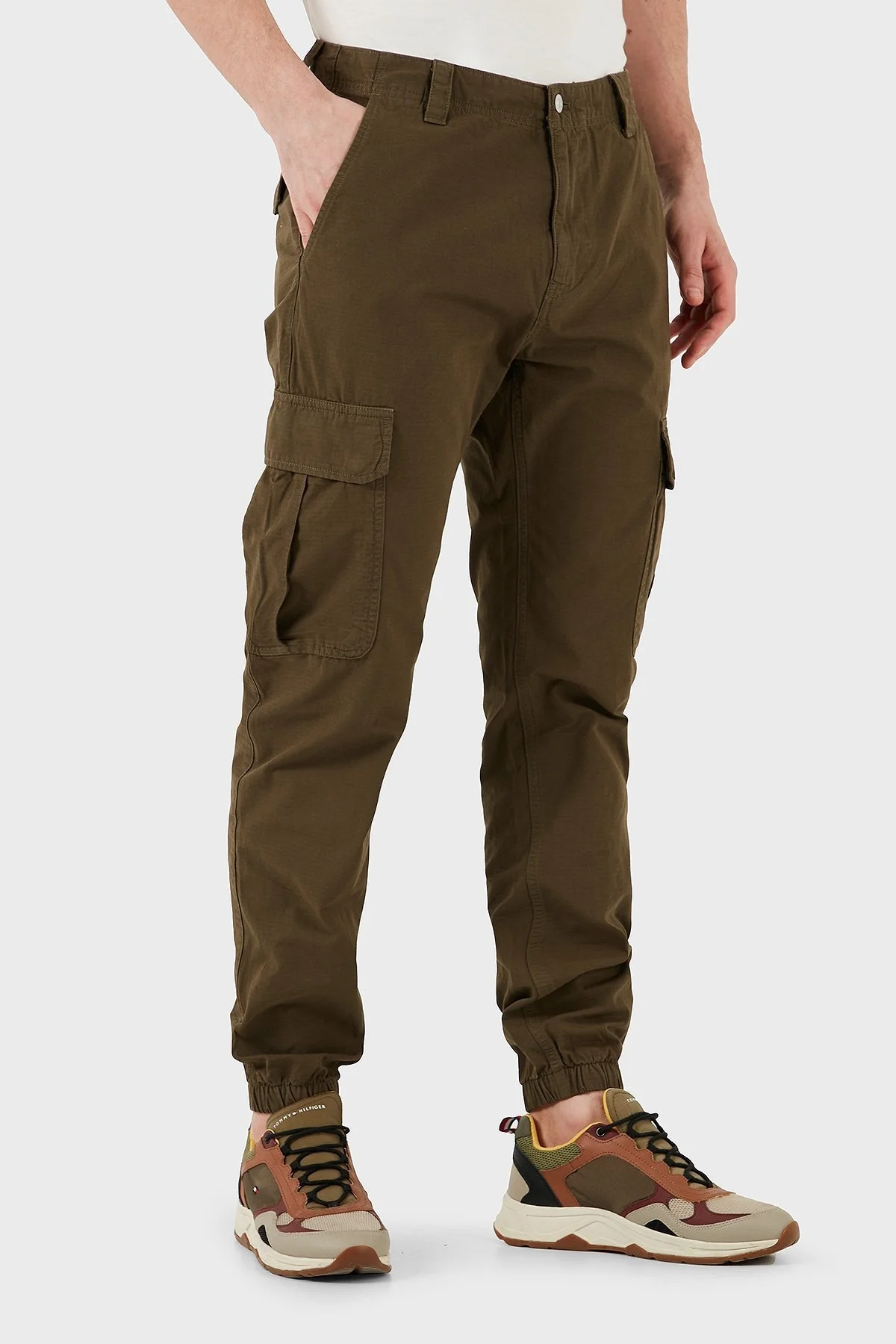 Tommy Jeans % 100 Pamuk Slim Fit Normal Bel Lastikli Paça Kargo Erkek Pantolon DM0DM20284 M12 YEŞİL - 4