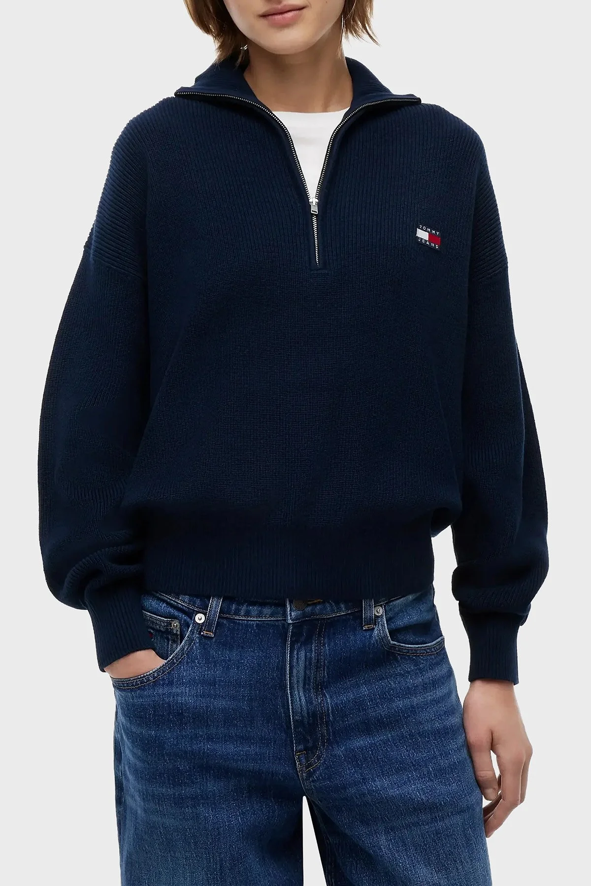 Tommy Jeans % 100 Pamuk Yarım Fermuarlı Balıkçı Yaka Kadın Kazak DW0DW22928 C1G Lacivert - 1