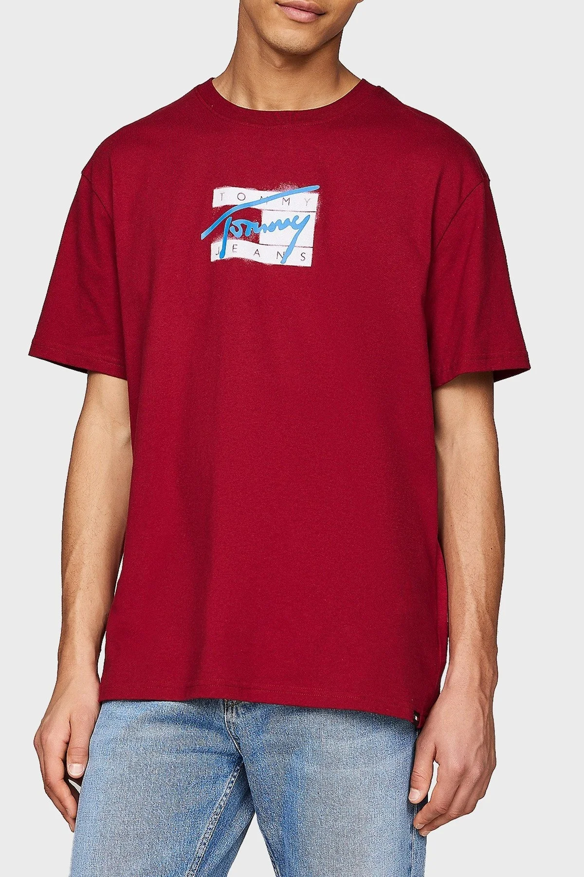 Tommy Jeans % 100 Pamuklu Bisiklet Yaka Erkek T Shirt DM0DM18528 XKG BEYAZ-KIRMIZI - 1