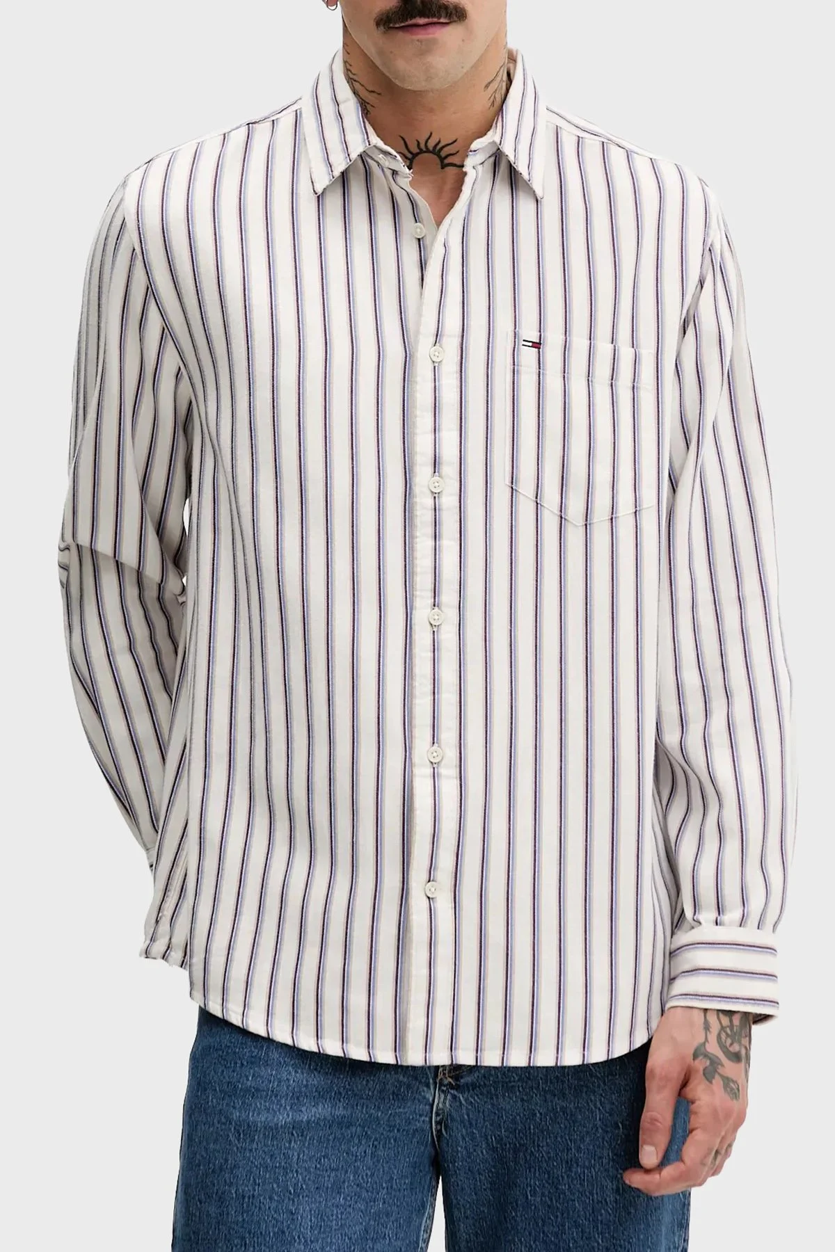 Tommy Jeans Çizgili % 100 Pamuk Relaxed Fit Uzun Kollu Erkek Gömlek DM0DM22406 YBH BEYAZ - 1