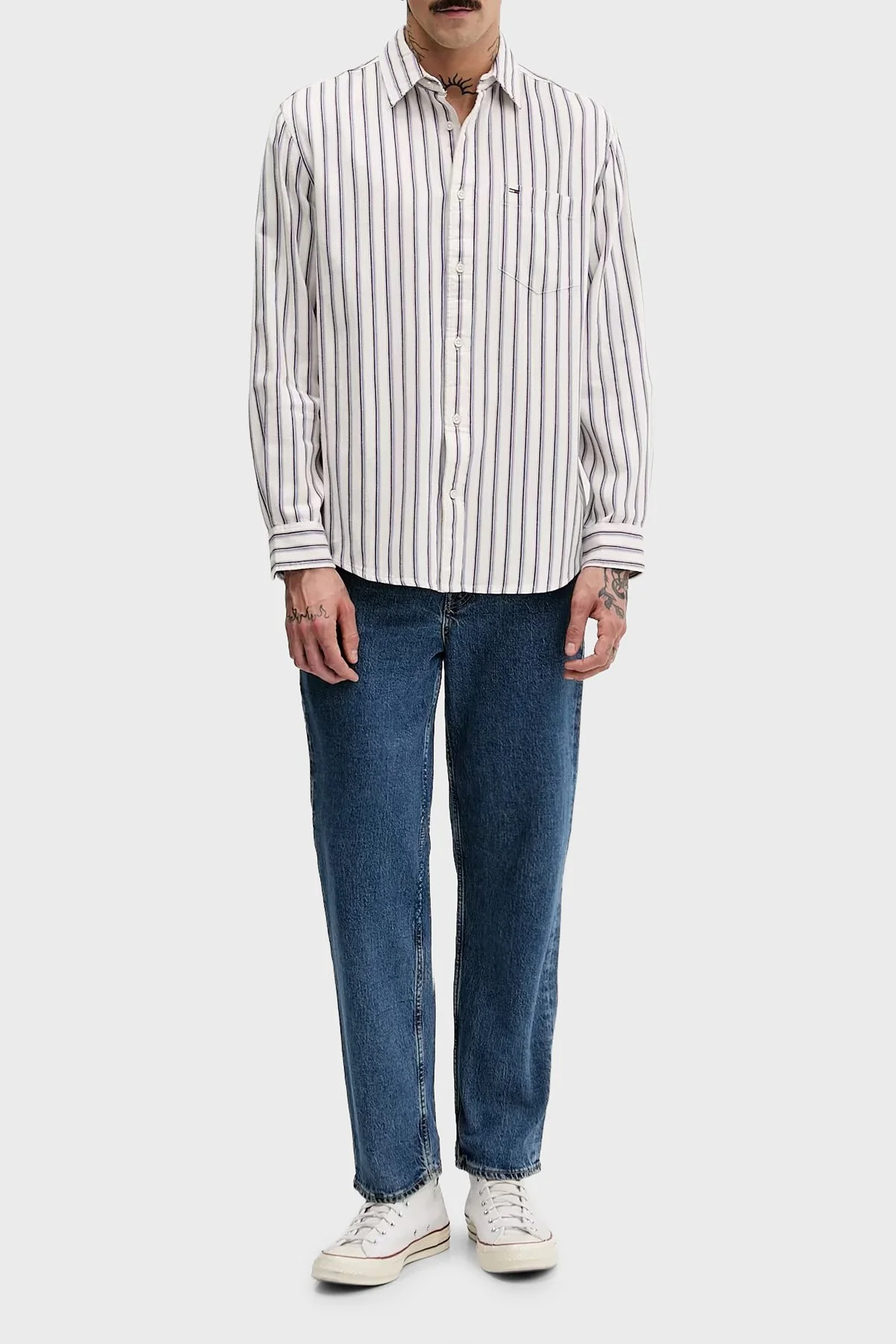 Tommy Jeans Çizgili % 100 Pamuk Relaxed Fit Uzun Kollu Erkek Gömlek DM0DM22406 YBH BEYAZ - 2