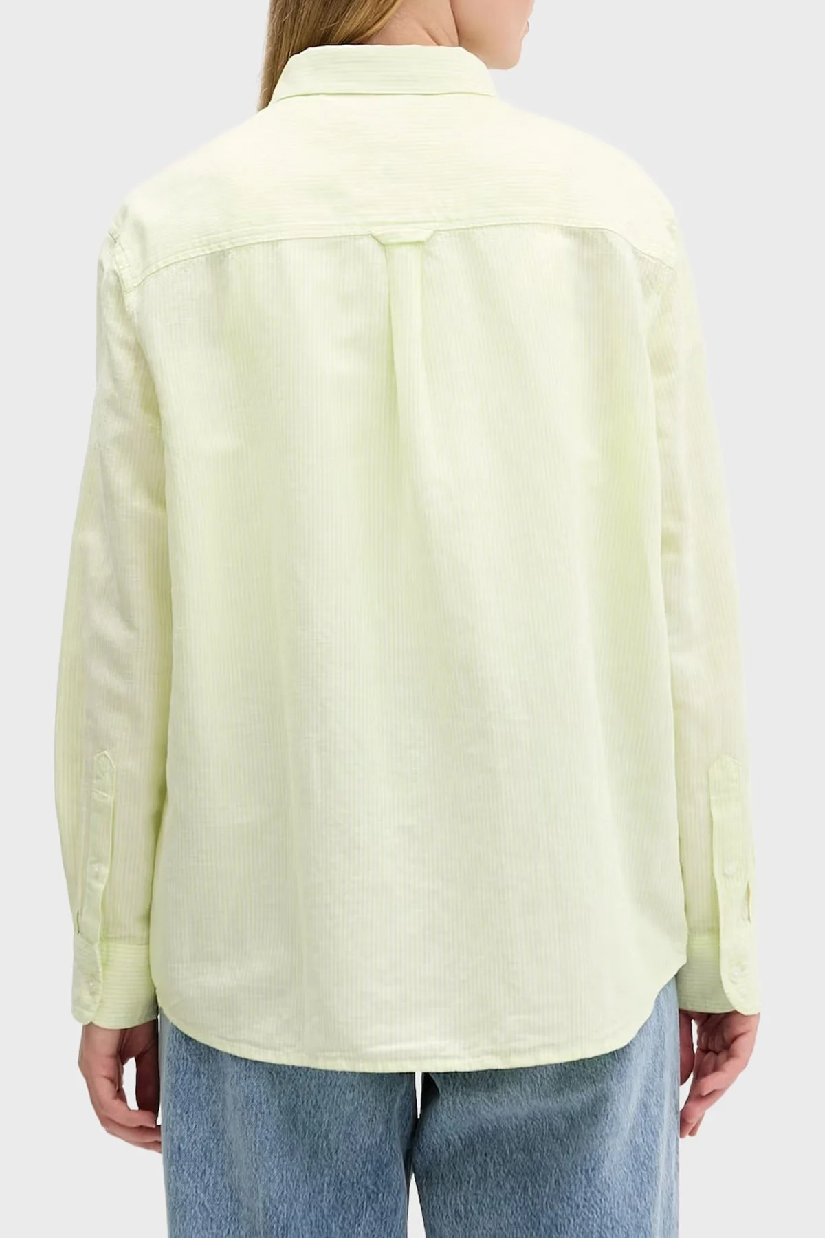 Tommy Jeans Çizgili Keten ve Pamuk Karışımlı Klasik Yaka Uzun Kollu Kadın Gömlek DW0DW22209 0CG YEŞİL - 2