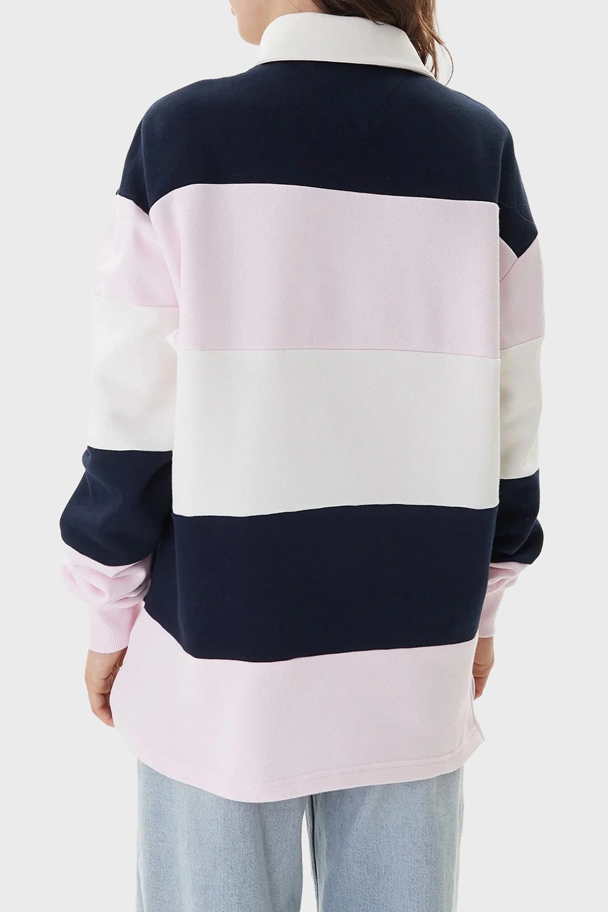 Tommy Jeans Çizgili Oversize Kadın Polo Yaka Sweat DW0DW21927 TOG PEMBE - 3