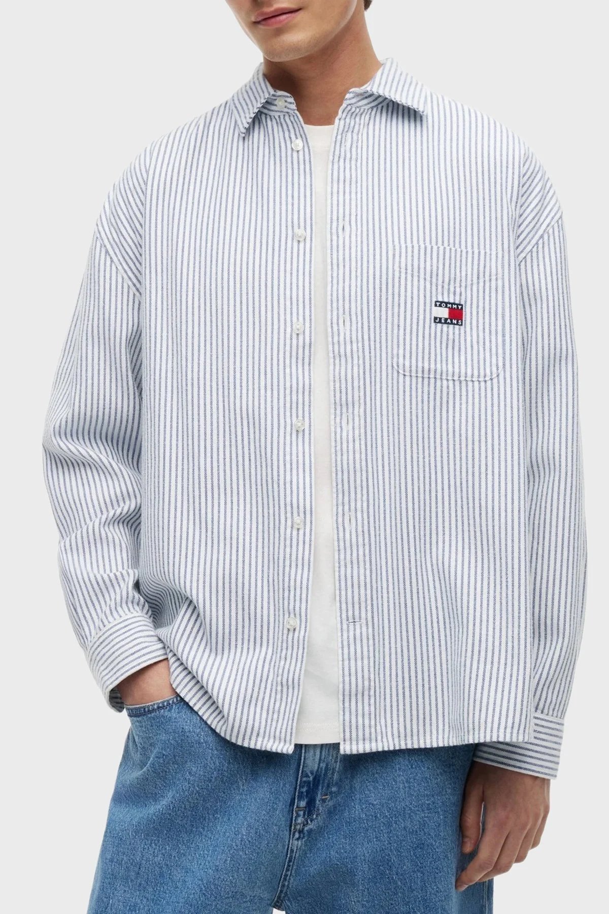 Tommy Jeans Çizgili Pamuklu Oversize Uzun Kollu Erkek Gömlek DM0DM23138 C63 Mavi-beyaz - 1