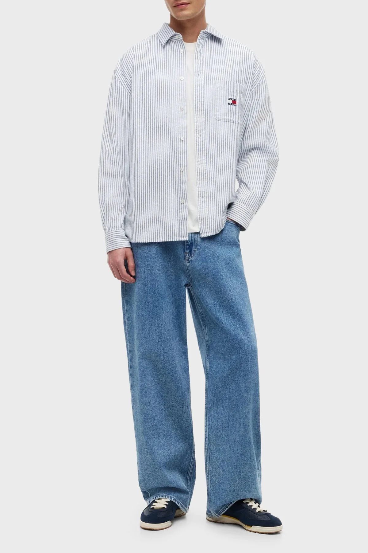 Tommy Jeans Çizgili Pamuklu Oversize Uzun Kollu Erkek Gömlek DM0DM23138 C63 Mavi-beyaz - 3
