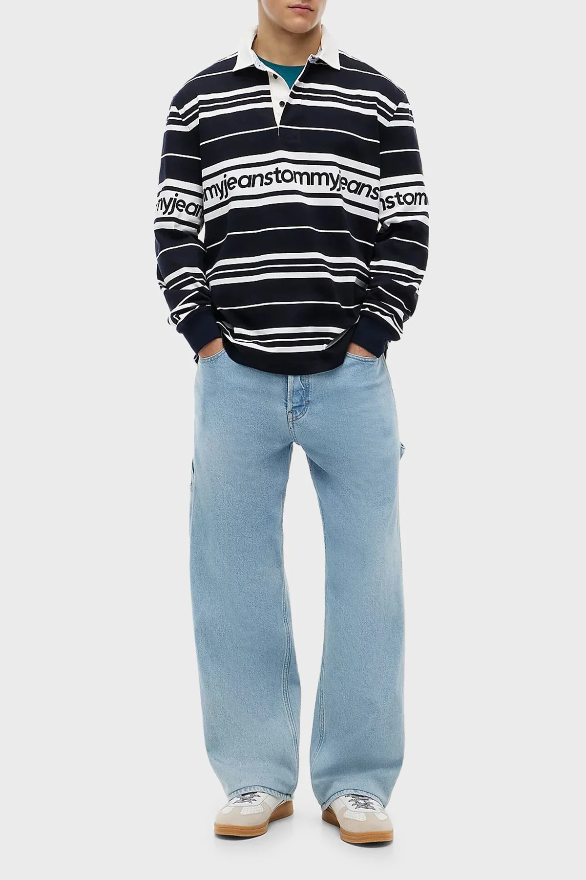 Tommy Jeans Çizgili Relaxed Fit Düğmeli Erkek Polo Yaka Sweat DM0DM23164 C1G Lacivert - 2