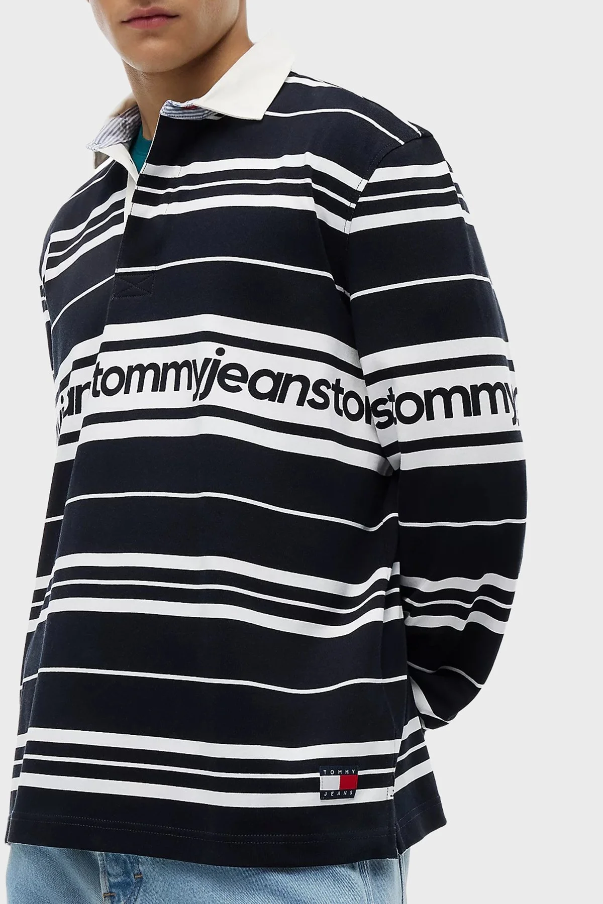 Tommy Jeans Çizgili Relaxed Fit Düğmeli Erkek Polo Yaka Sweat DM0DM23164 C1G Lacivert - 3