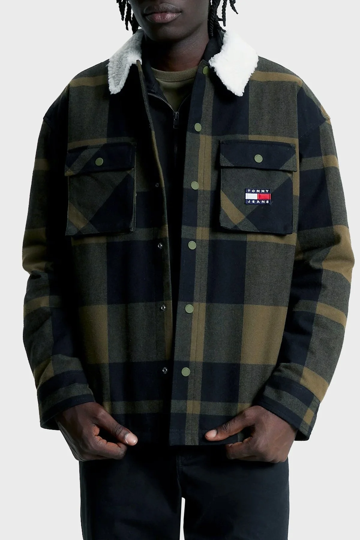 Tommy Jeans Ekose Desenli Yakası Kürklü Regular Fit Astarlı Erkek Gömlek Ceket DM0DM17250 MR1 YEŞİL - 1
