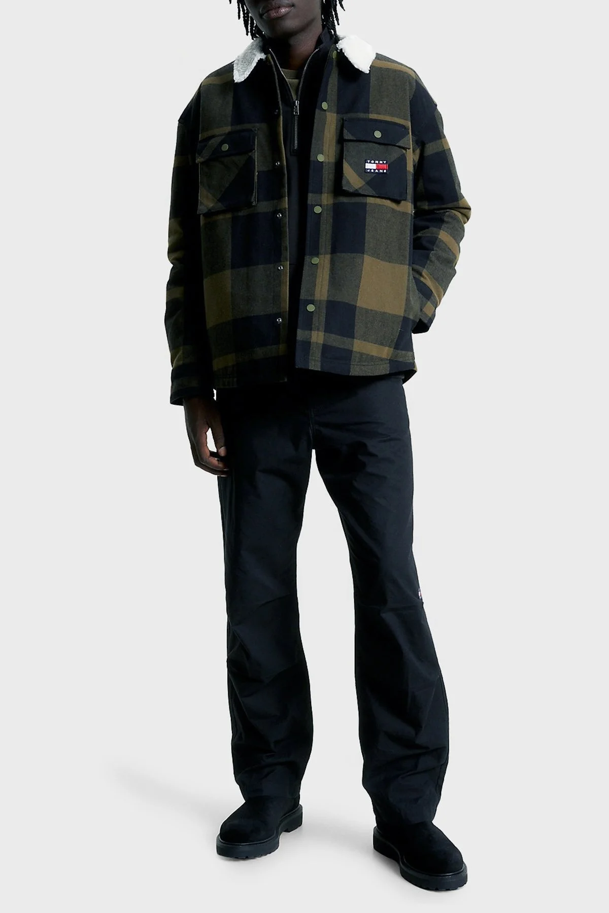 Tommy Jeans Ekose Desenli Yakası Kürklü Regular Fit Astarlı Erkek Gömlek Ceket DM0DM17250 MR1 YEŞİL - 2