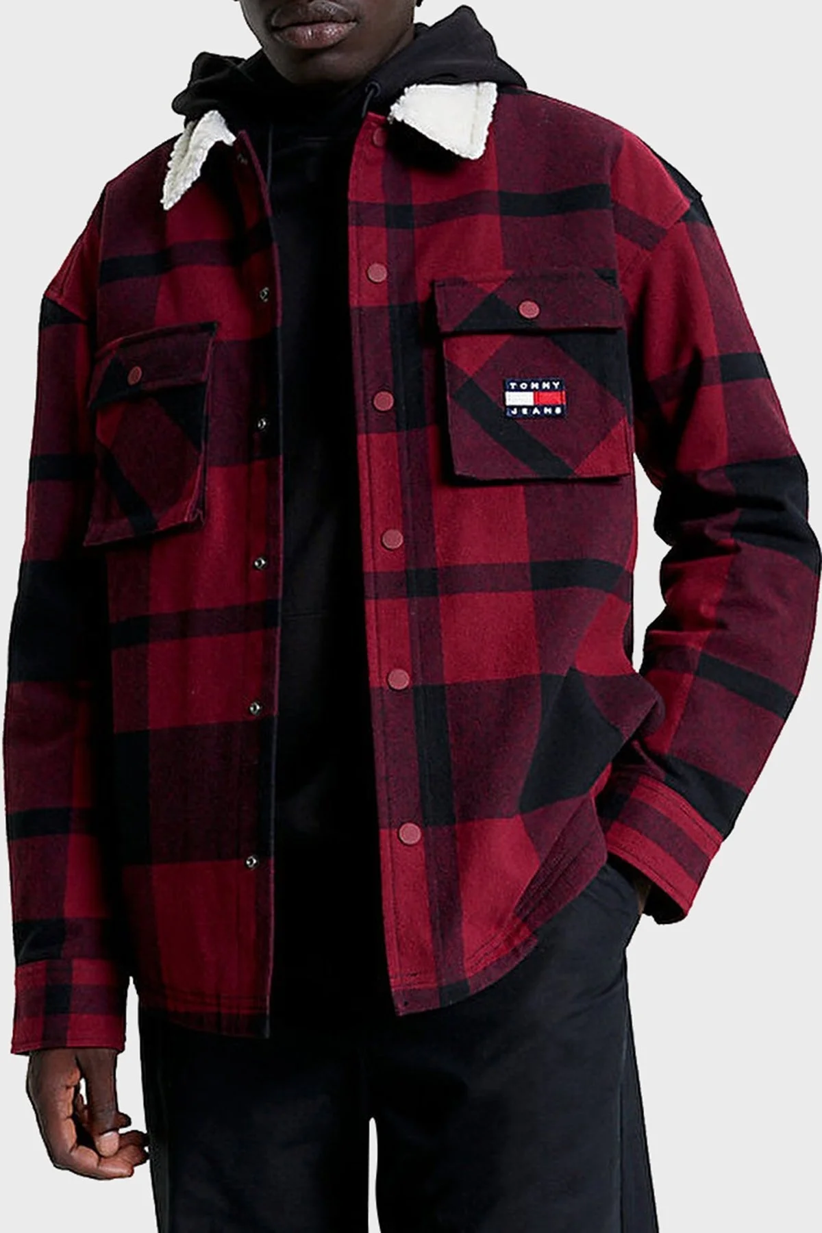 Tommy Jeans Ekose Desenli Yakası Kürklü Regular Fit Astarlı Erkek Gömlek Ceket DM0DM17250 XJS BORDO - 1