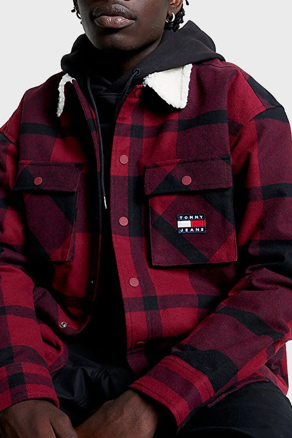 Tommy Jeans Ekose Desenli Yakası Kürklü Regular Fit Astarlı Erkek Gömlek Ceket DM0DM17250 XJS BORDO - 3