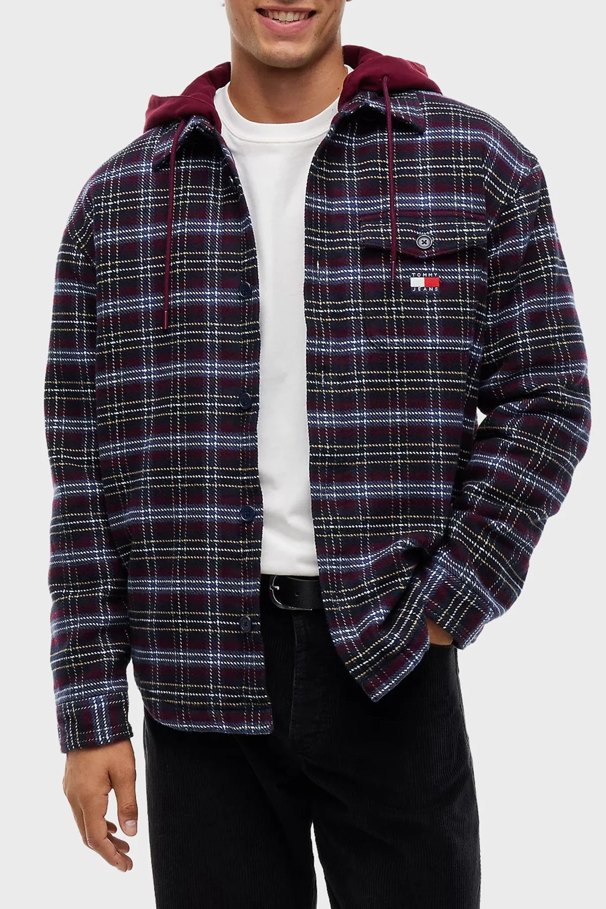 Tommy Jeans Ekoseli Pamuklu Regular Fit Kapüşonlu Erkek Gömlek DM0DM23521 0QM Bordo - 1