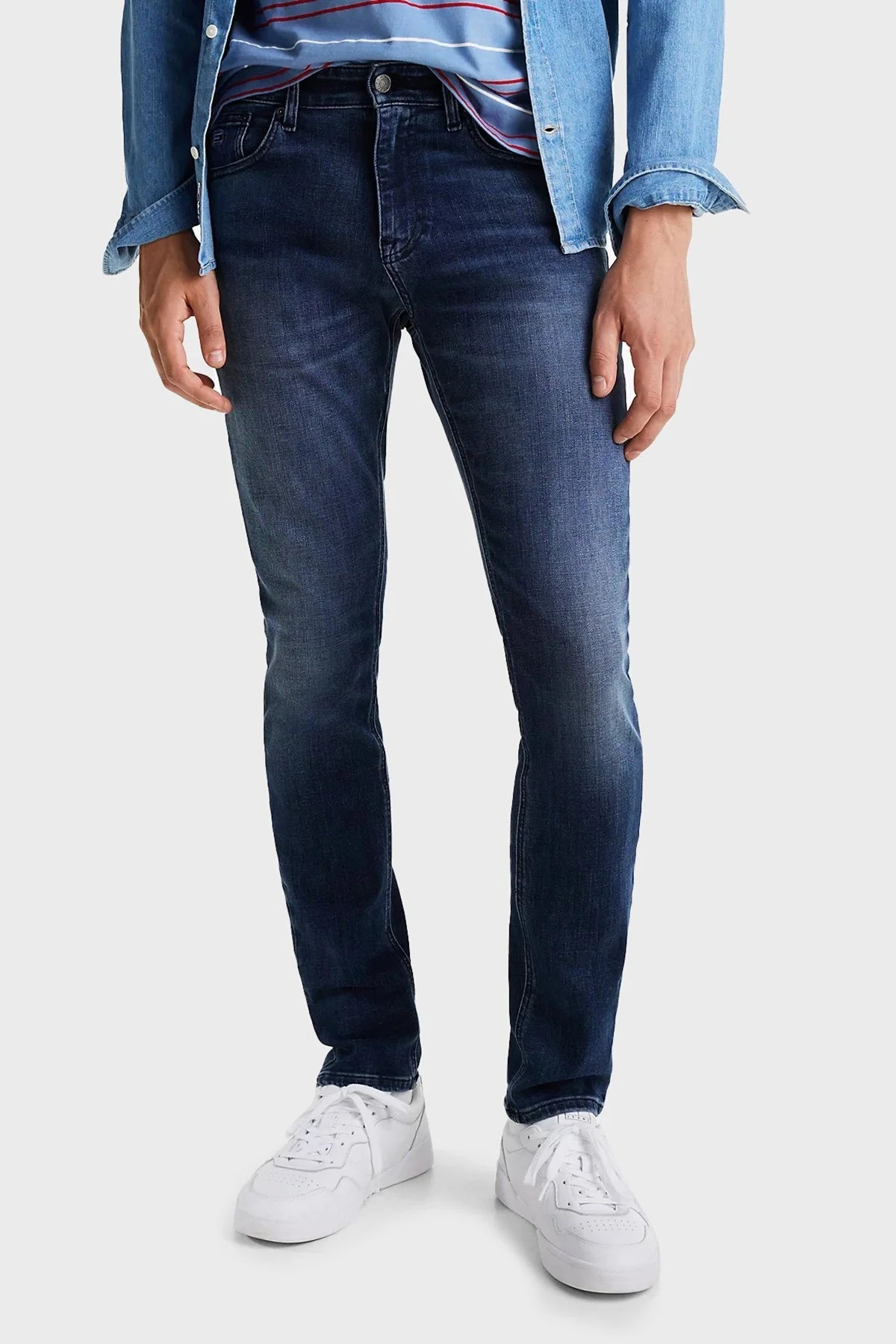 Tommy Jeans Esnek Pamuklu Slim Fit Normal Bel Dar Paça Jeans Erkek Kot Pantolon DM0DM20550 1BK LACİVERT - 1