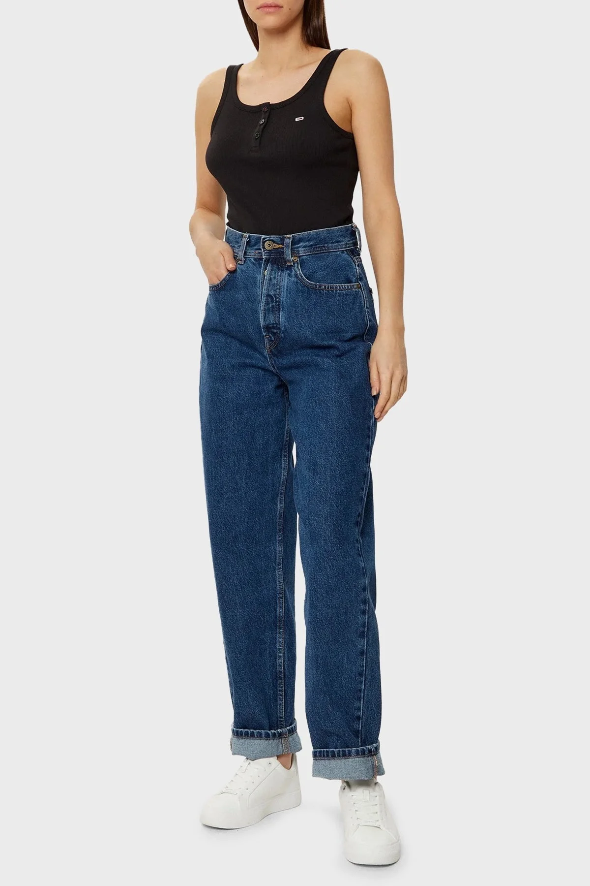 Tommy Jeans Fitilli % 100 Pamuk Slim Fit Kolsuz Yuvarlak Yaka Bayan Top DW0DW19492 BDS SİYAH - 8