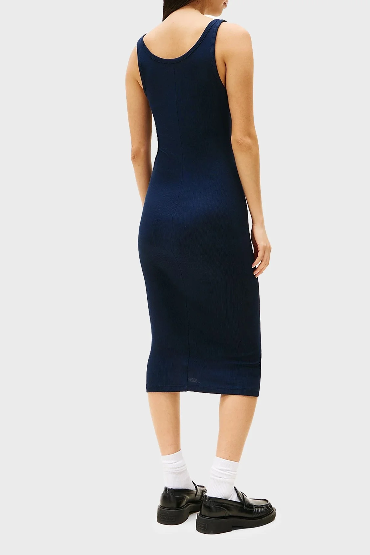 Tommy Jeans Fitilli % 100 Pamuk Slim Fit Midi Boy Kolsuz Bayan Elbise DW0DW19477 C1G LACİVERT - 4