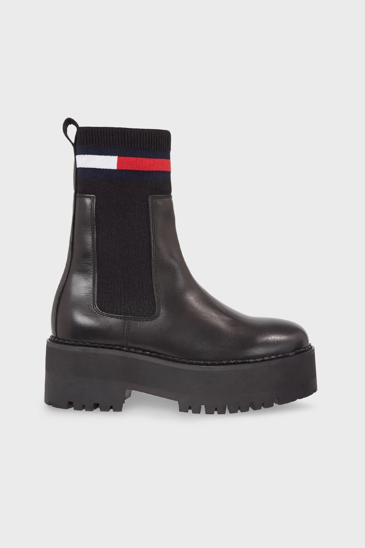 Tommy Jeans Hakiki Deri Logo Şeritli Chelsea Çorap Bayan Çizme EN0EN02301 BDS SİYAH - 1