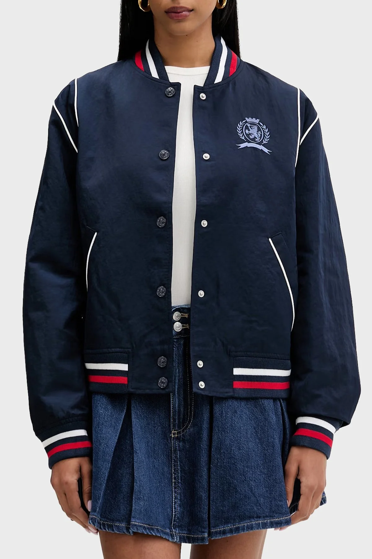 Tommy Jeans Kadın Logolu Regular Fit Kolej Yaka Bomber Ceket/ Mont DW0DW22919 C1G Lacivert - 1