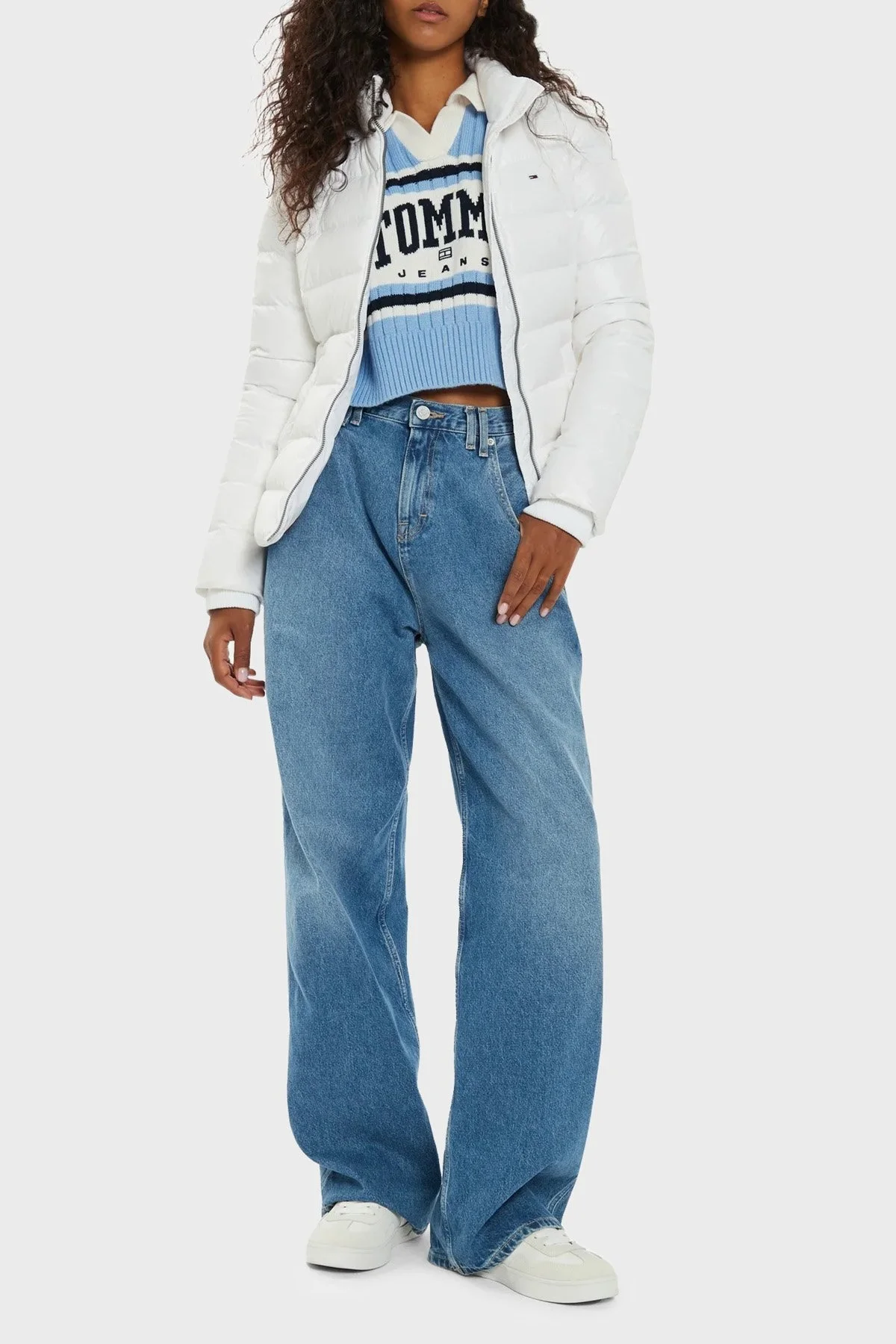 Tommy Jeans Kuş Tüyü Dolgulu Slim Fit Dik Yaka Kemerli Şişme Bayan Mont DW0DW18826 YBR BEYAZ - 8