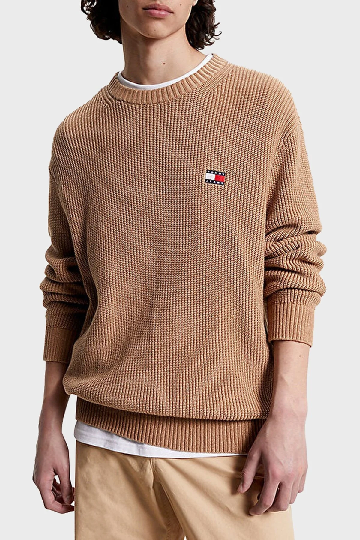 Tommy Jeans Logolu % 100 Pamuk Bisiklet Yaka Regular Fit Triko Örme Erkek Kazak DM0DM17776 AB0 BEJ - 1