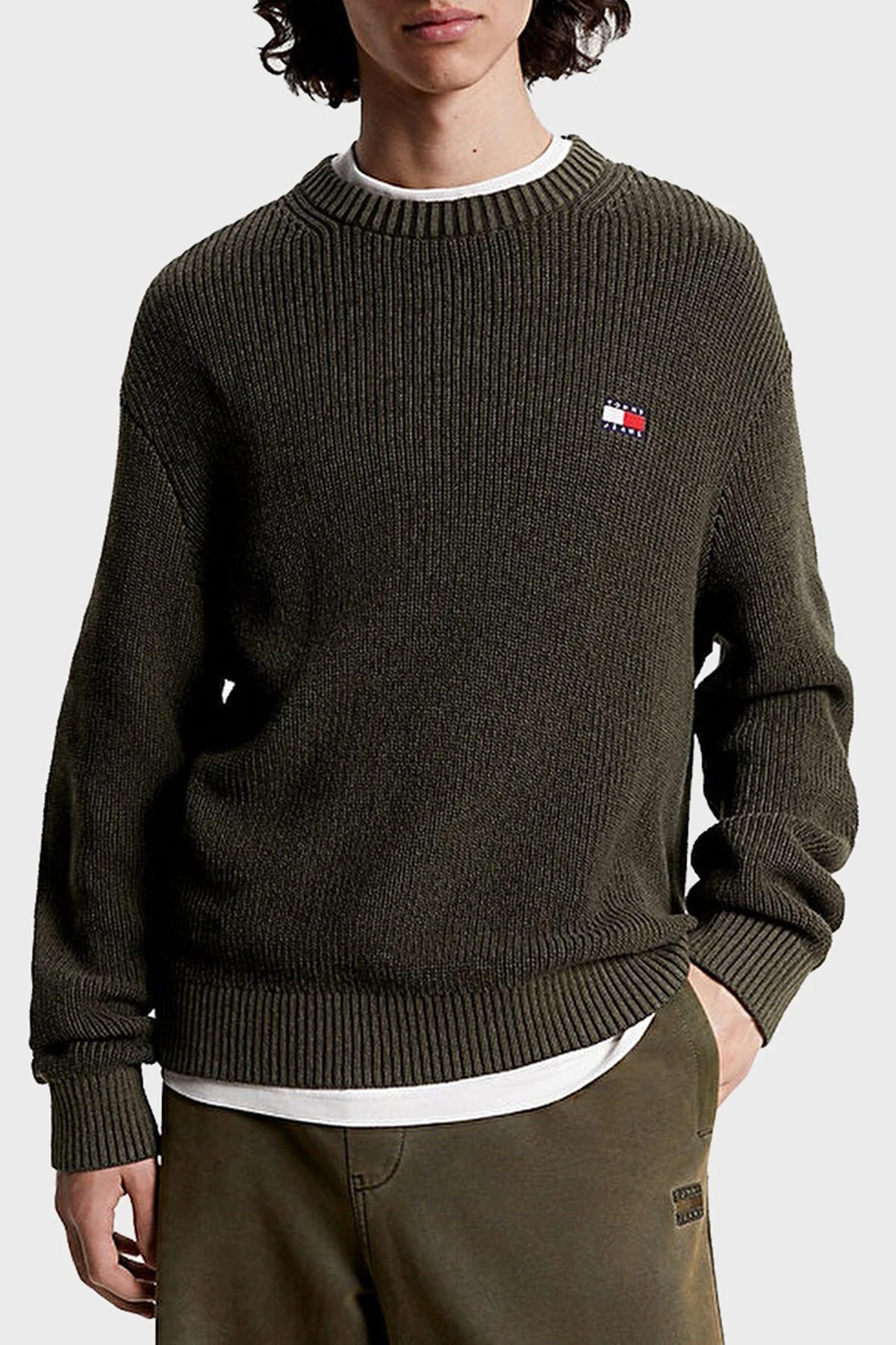 Tommy Jeans Logolu % 100 Pamuk Bisiklet Yaka Regular Fit Triko Örme Erkek Kazak DM0DM17776 MR1 YEŞİL - 1