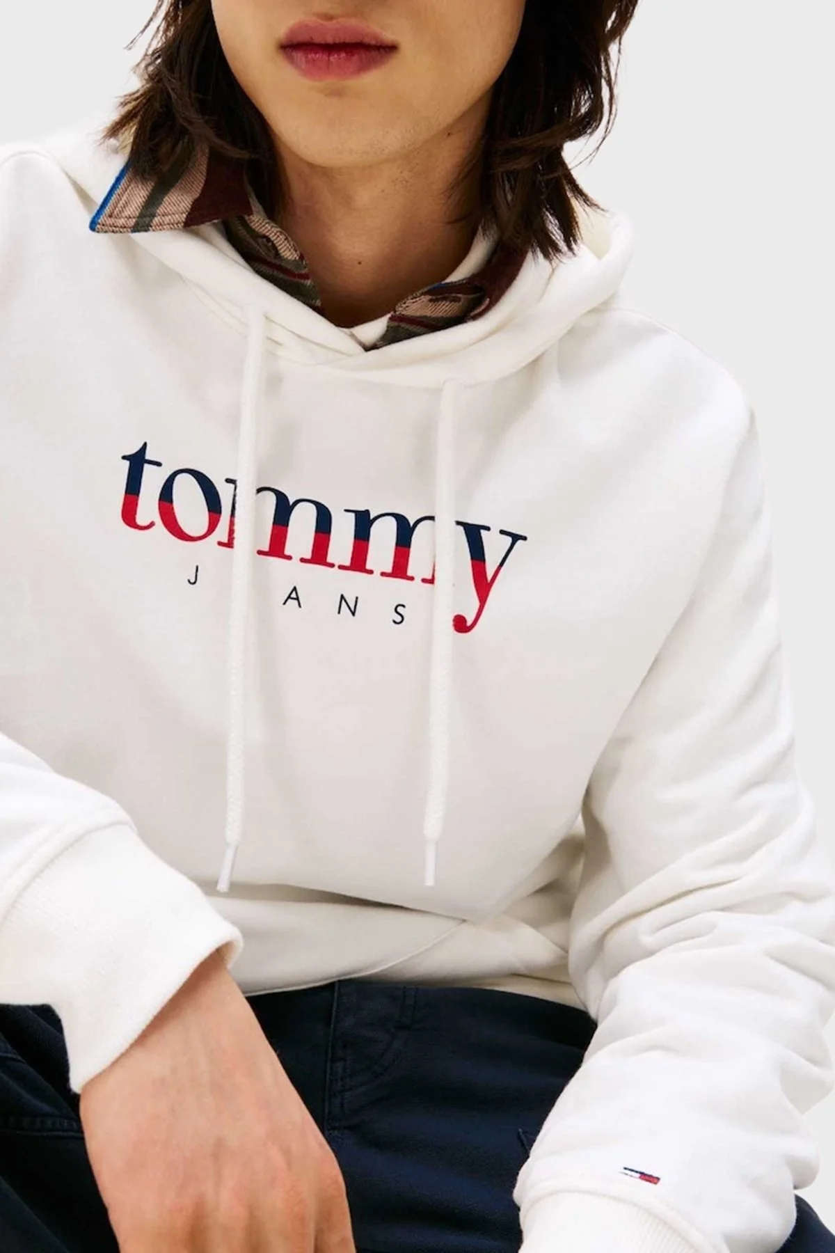 Tommy Jeans Logolu % 100 Pamuk Regular Fit Kapüşonlu Erkek Sweat DM0DM22113 YBL BEYAZ - 3