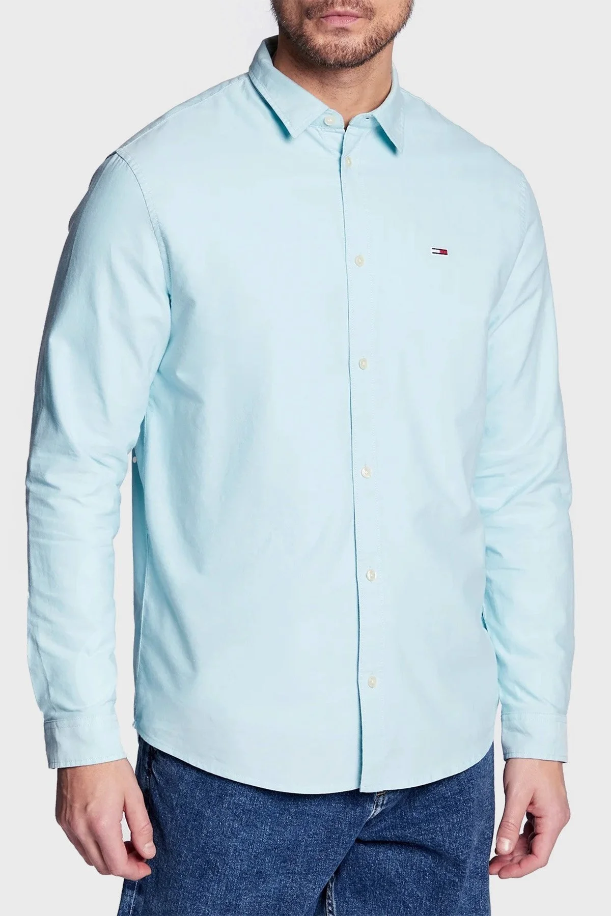 Tommy Jeans Logolu % 100 Pamuk Regular Fit Oxford Erkek Gömlek DM0DM15408 CYX AÇIK MAVİ - 1