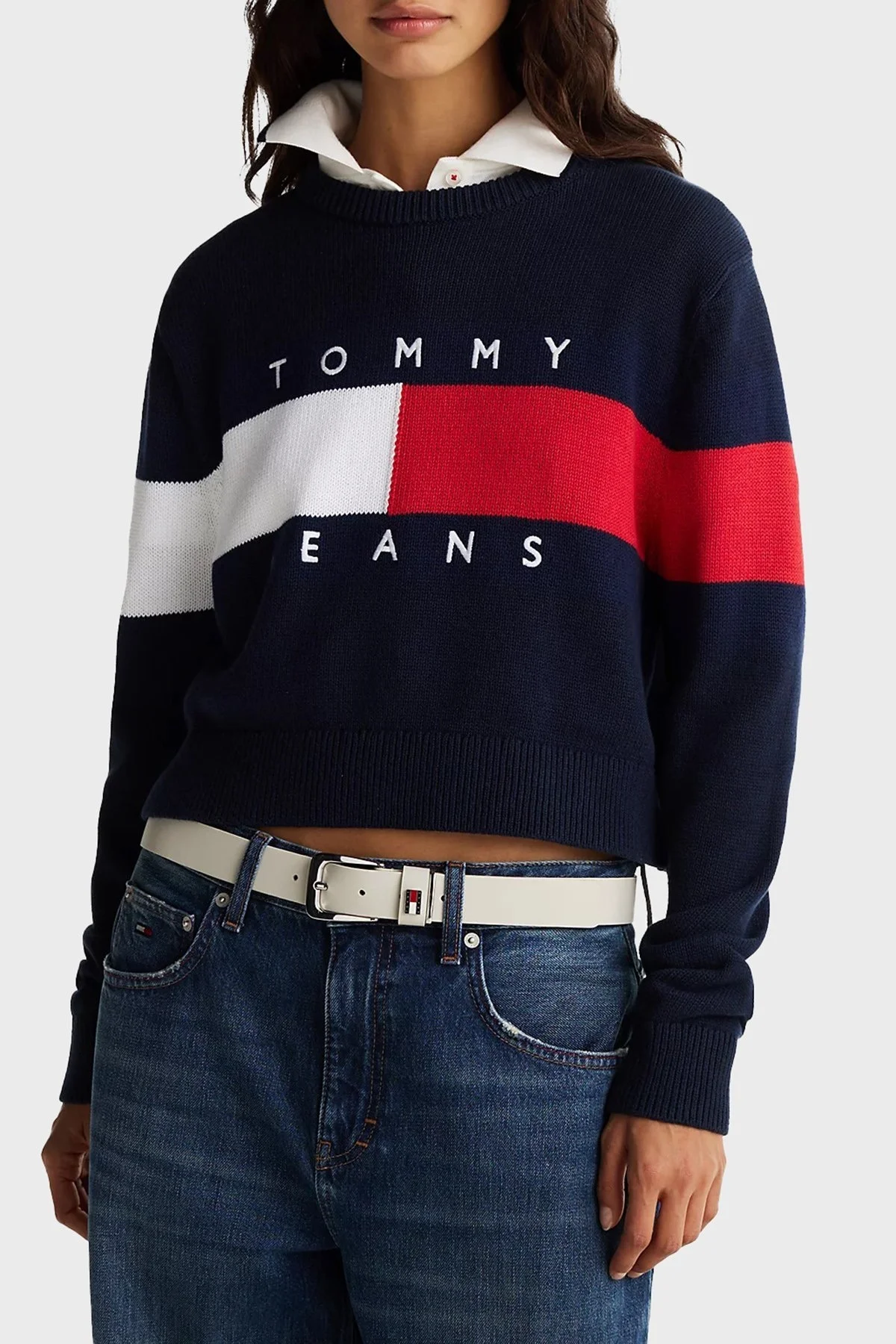 Tommy Jeans Logolu % 100 Pamuk Relaxed Fit Bisiklet Yaka Örme Bayan Kazak DW0DW19335 C1G LACİVERT - 1
