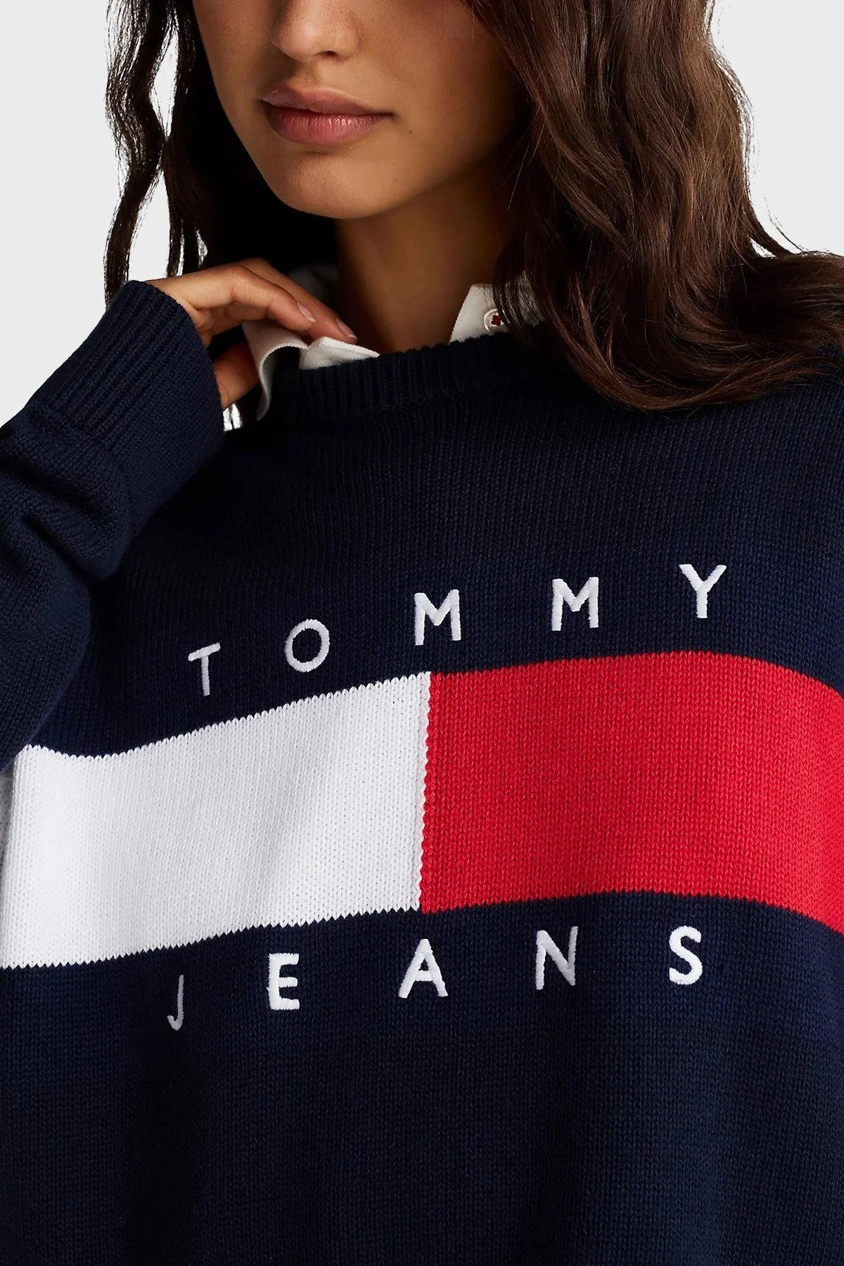 Tommy Jeans Logolu % 100 Pamuk Relaxed Fit Bisiklet Yaka Örme Bayan Kazak DW0DW19335 C1G LACİVERT - 4
