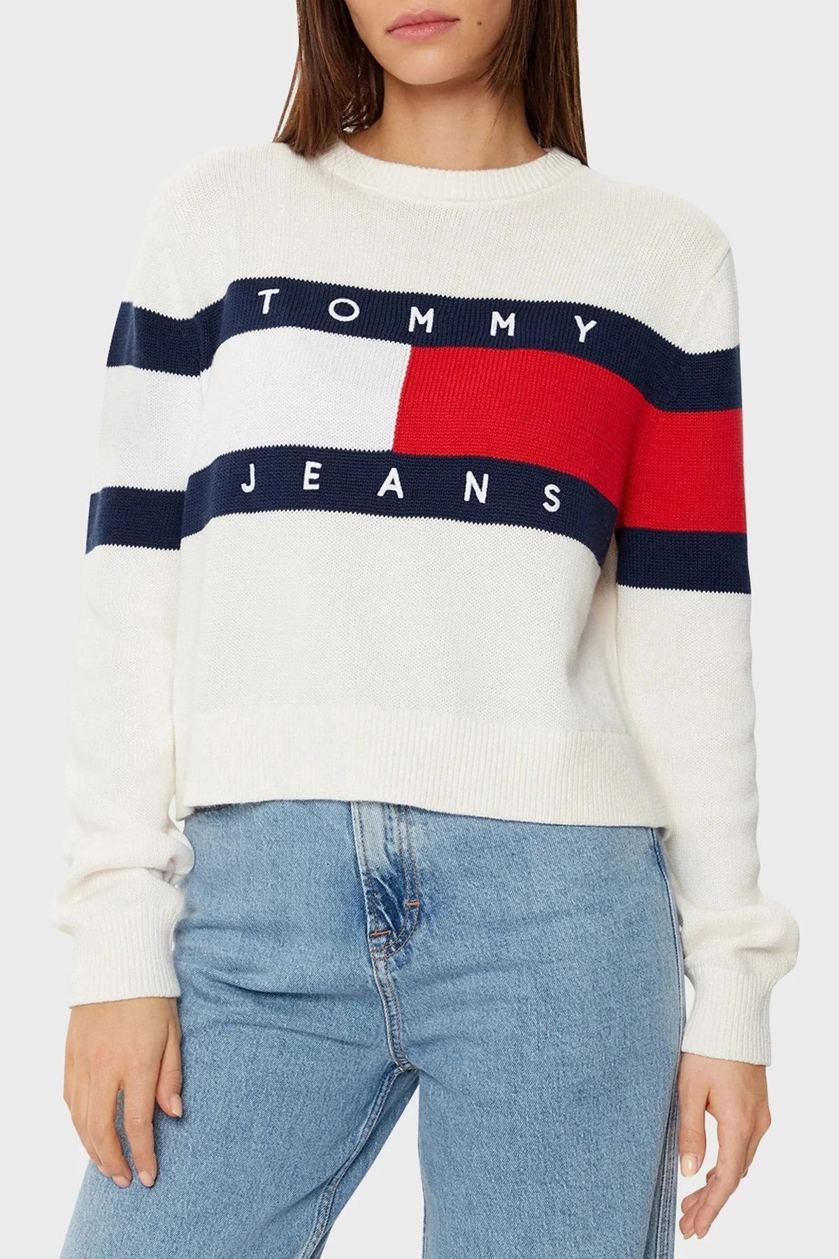 Tommy Jeans Logolu % 100 Pamuk Relaxed Fit Bisiklet Yaka Örme Bayan Kazak DW0DW19335 YBH BEYAZ - 1