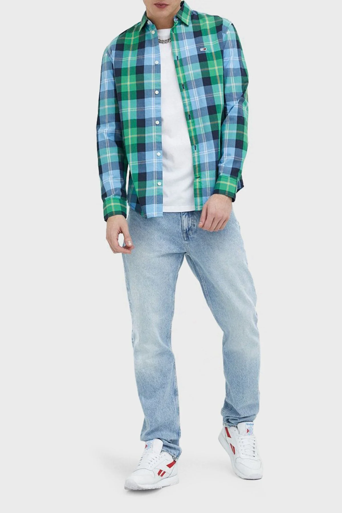 Tommy Jeans Logolu % 100 Pamuk Uzun Kollu Klasik Kalıp Kareli Erkek Gömlek DM0DM15934 LY3 YEŞİL-MAVİ - 3