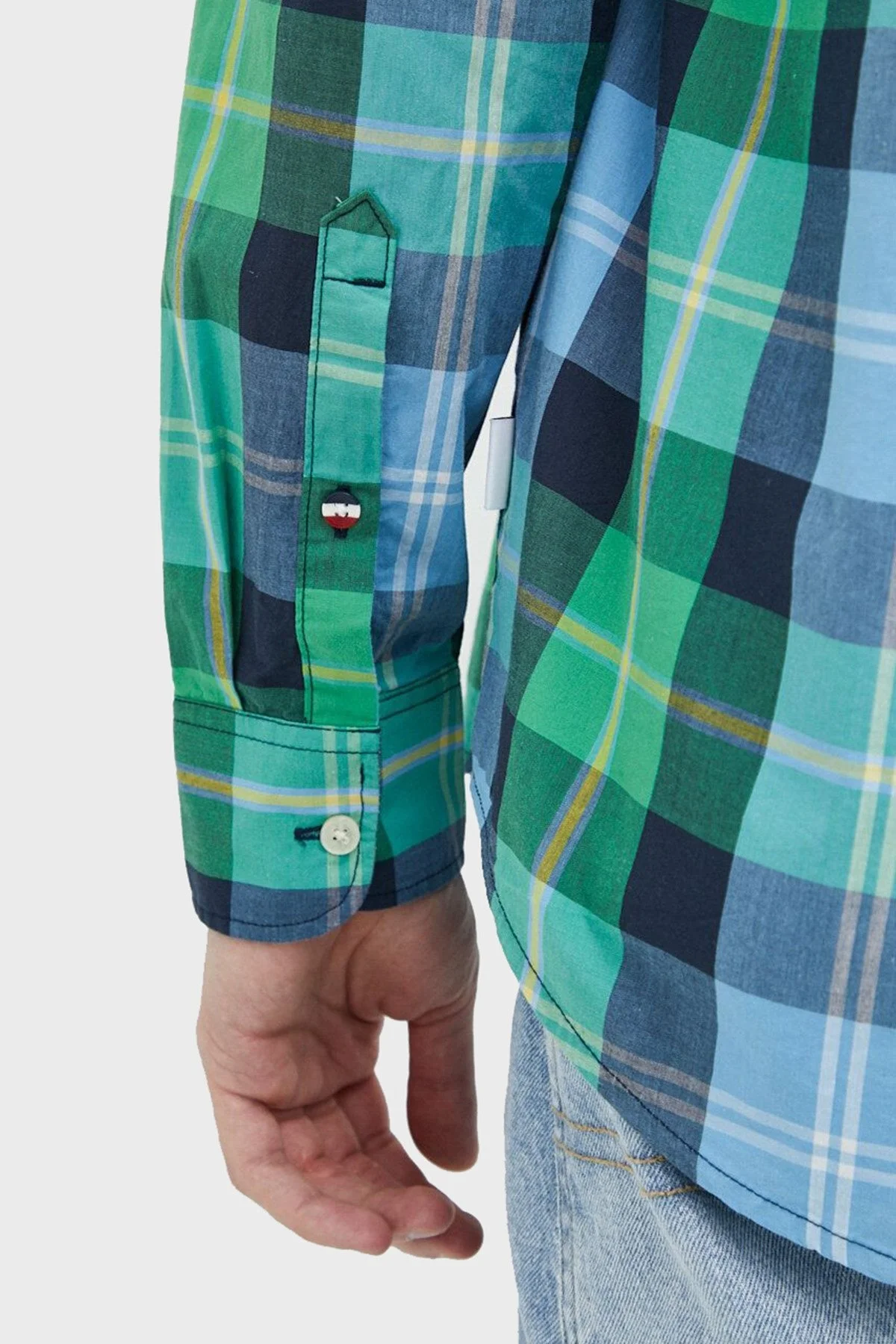 Tommy Jeans Logolu % 100 Pamuk Uzun Kollu Klasik Kalıp Kareli Erkek Gömlek DM0DM15934 LY3 YEŞİL-MAVİ - 4