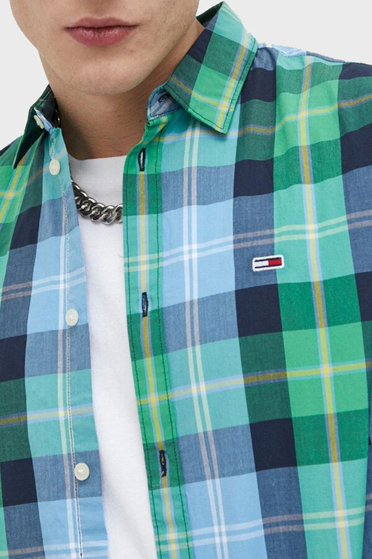 Tommy Jeans Logolu % 100 Pamuk Uzun Kollu Klasik Kalıp Kareli Erkek Gömlek DM0DM15934 LY3 YEŞİL-MAVİ - 5