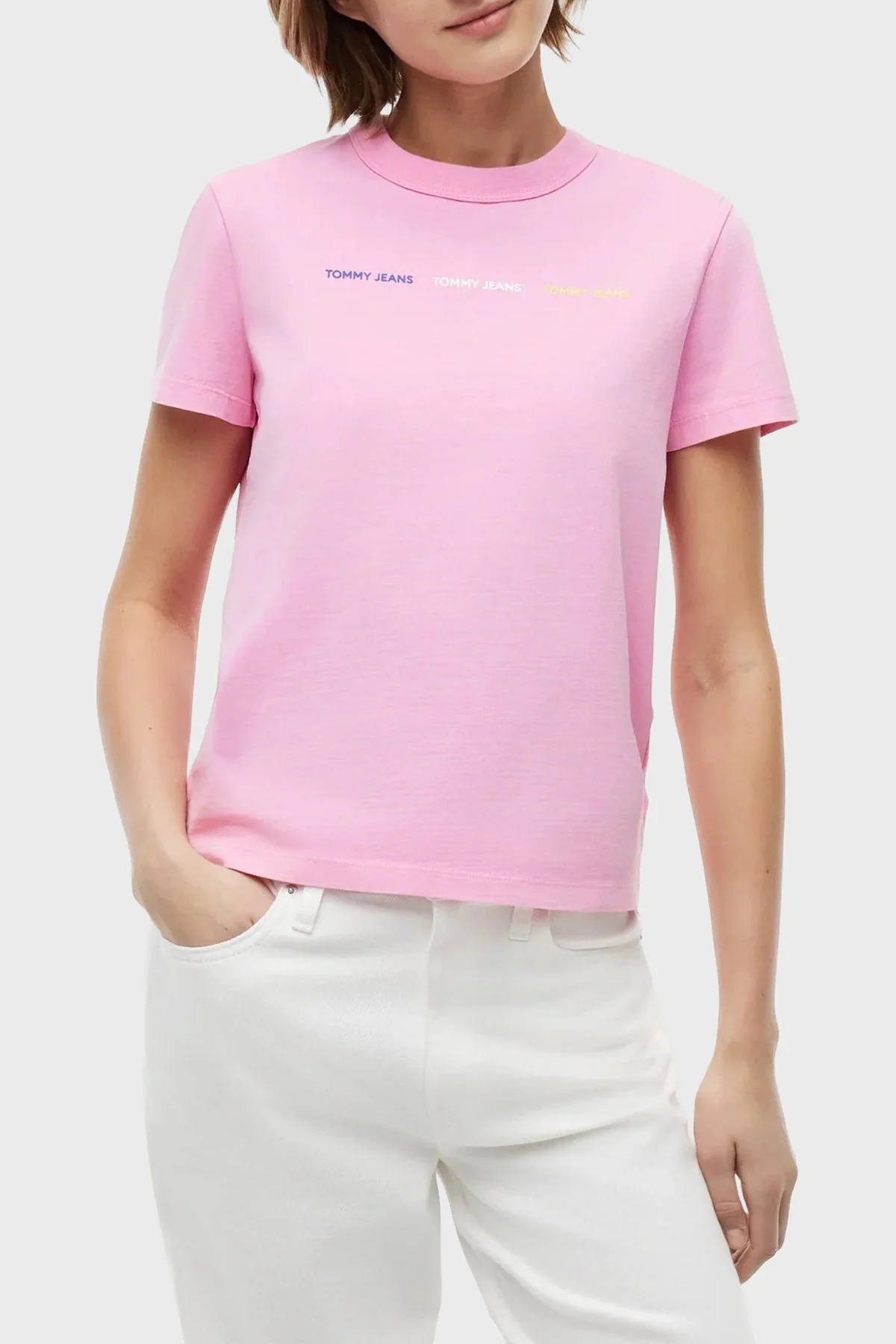 Tommy Jeans Logolu Pamuklu Bisiklet Yaka Kadın T Shirt DW0DW22905 TOU Pembe - 1