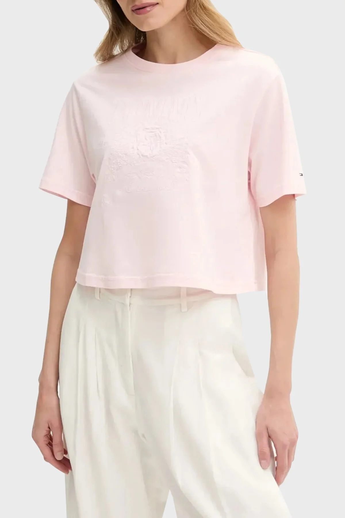 Tommy Jeans Logolu Pamuklu Oversize Fit Bisiklet Yaka Crop Bayan T Shirt DW0DW20326 TH3 AÇIK PEMBE - 7