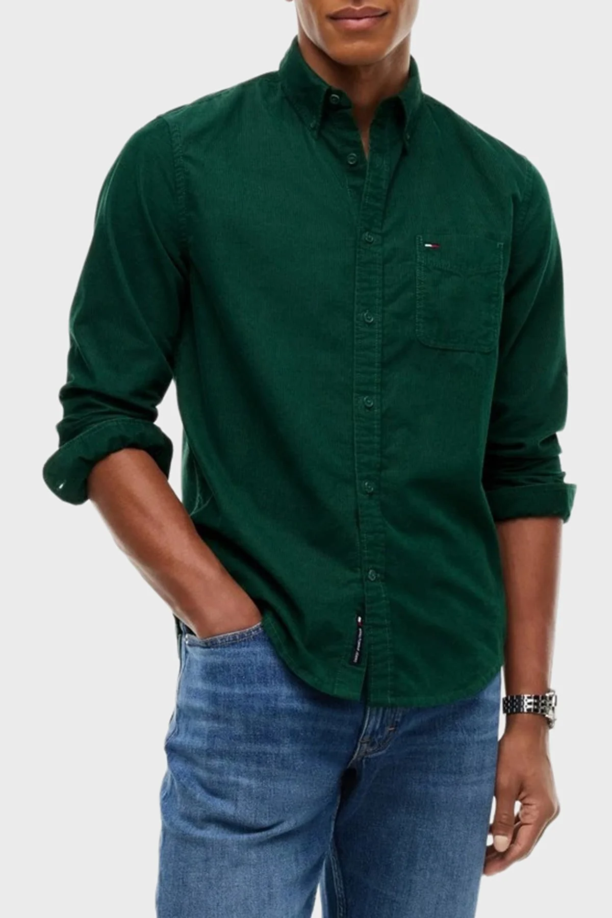Tommy Jeans Logolu Pamuklu Regular Fit Düğmeli Yaka Erkek Gömlek DM0DM23517 MBM Yeşil - 1