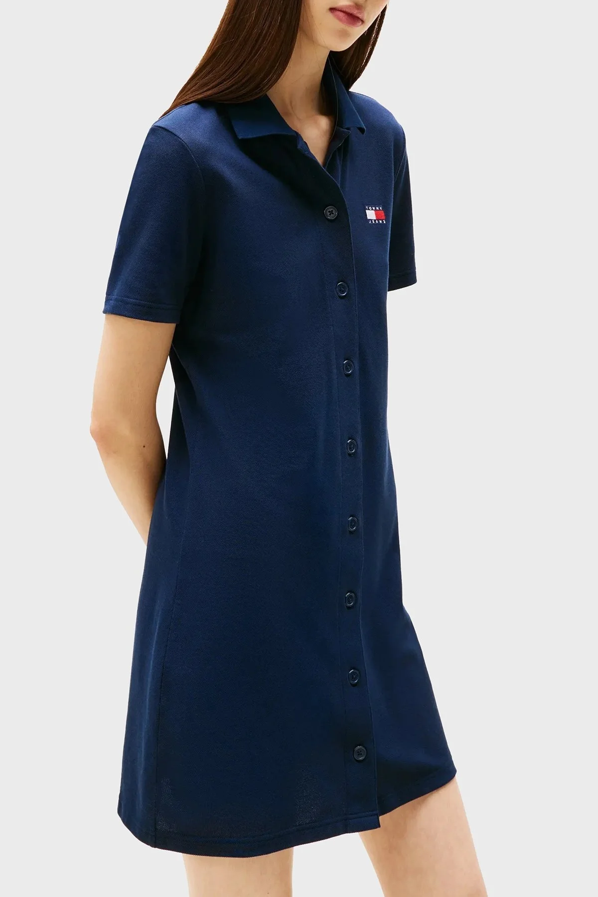 Tommy Jeans Logolu Pamuklu Regular Fit Polo Yaka Mini Boy Bayan Elbise DW0DW20302 C1G LACİVERT - 6