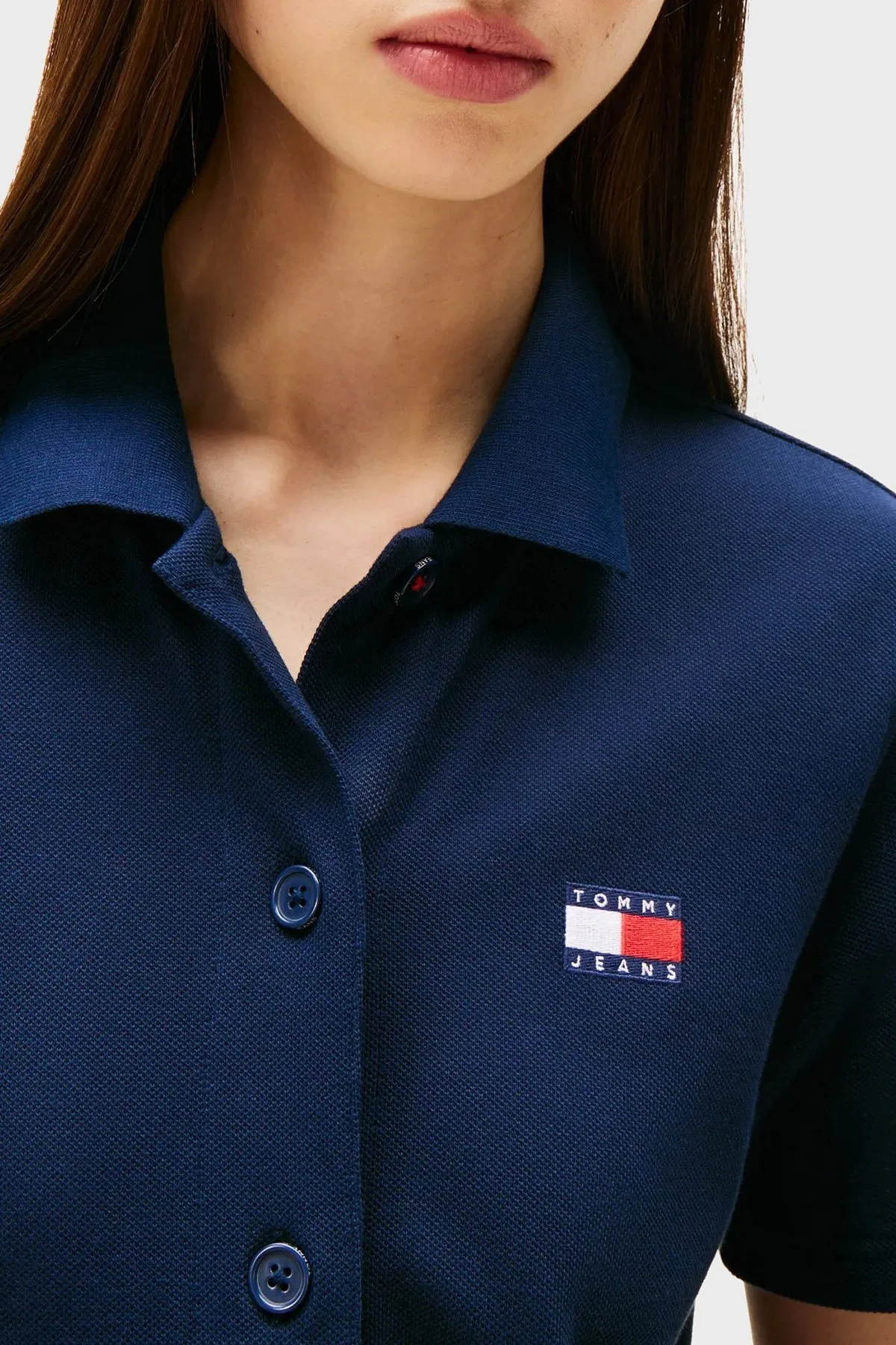 Tommy Jeans Logolu Pamuklu Regular Fit Polo Yaka Mini Boy Bayan Elbise DW0DW20302 C1G LACİVERT - 9