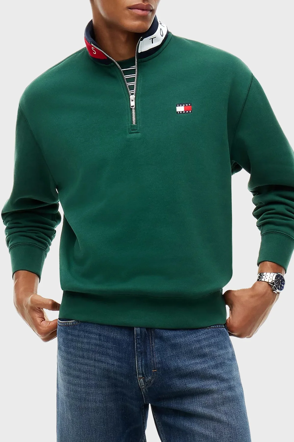 Tommy Jeans Logolu Pamuklu Regular Fit Yarım Fermuarlı Dik Yaka Erkek Sweat DM0DM23605 MBM Yeşil - 1