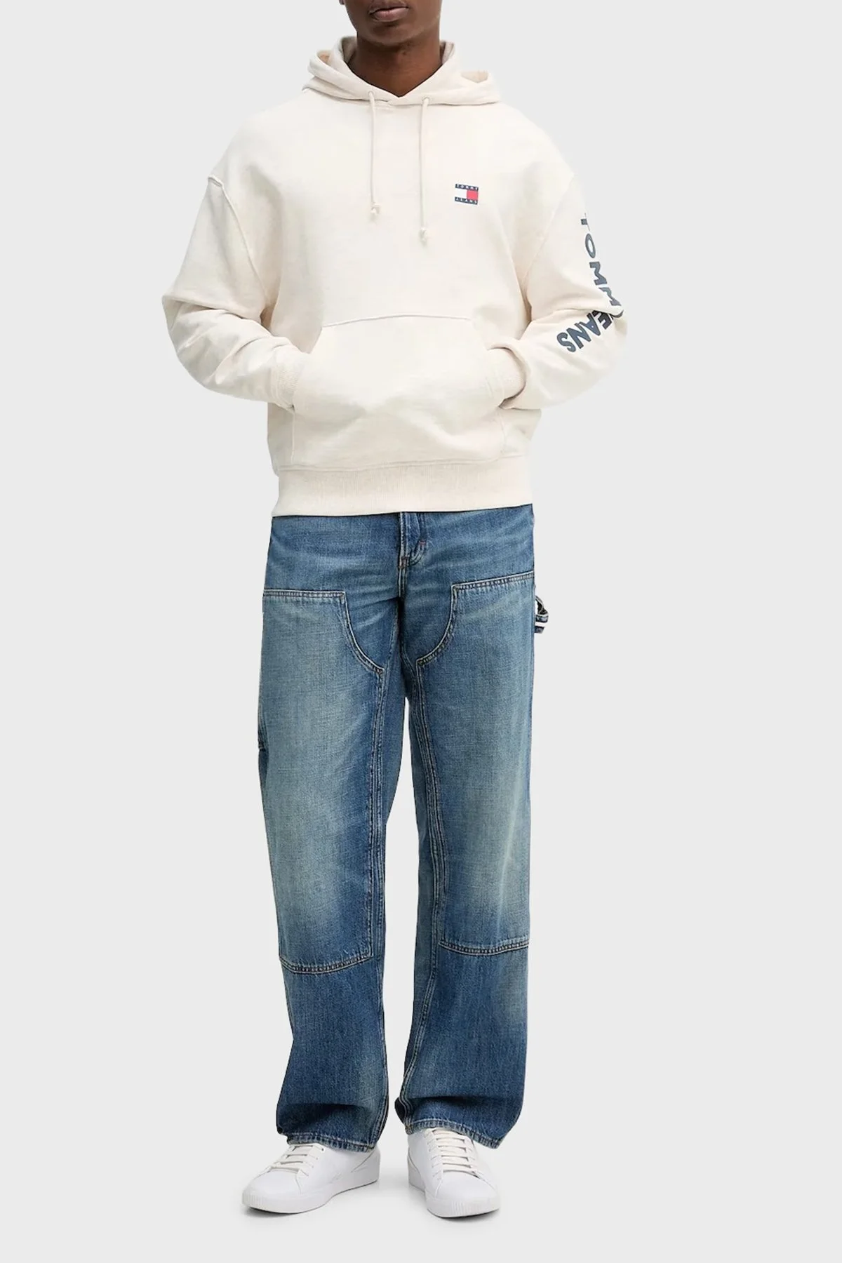 Tommy Jeans Logolu Pamuklu Relaxed Fit Kapüşonlu Kanguru Cepli Erkek Sweat DM0DM21834 AE3 BEJ - 2