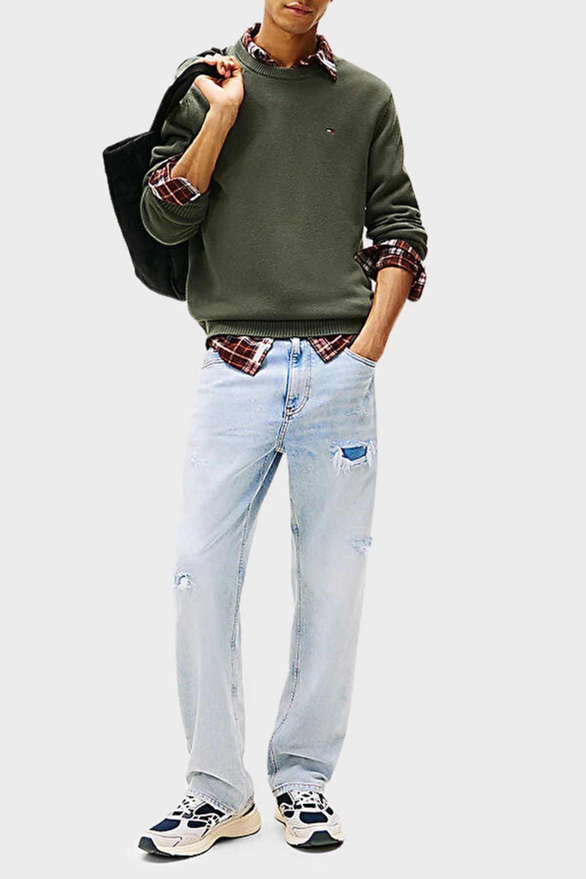 Tommy Jeans Logolu Pamuklu Slim Fit Bisiklet Yaka Örme Erkek Kazak DM0DM21787 MRH KOYU YEŞİL - 2