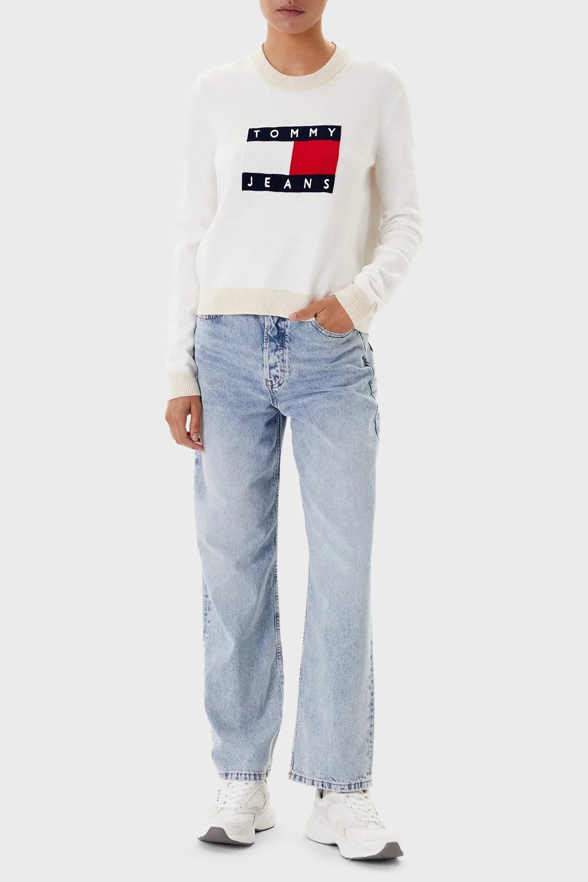 Tommy Jeans Logolu Regular Fit Bisiklet Yaka Bayan Kazak DW0DW20970 YBL BEYAZ - 2